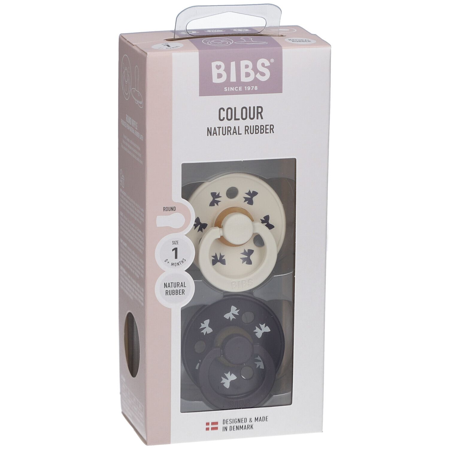 BIBS-Schnuller, 2 Stück, in Verpackung. Elfenbein/Pflaume, Größe 1. Naturgummi. Sichtfenster. Marke und Produktinformationen.