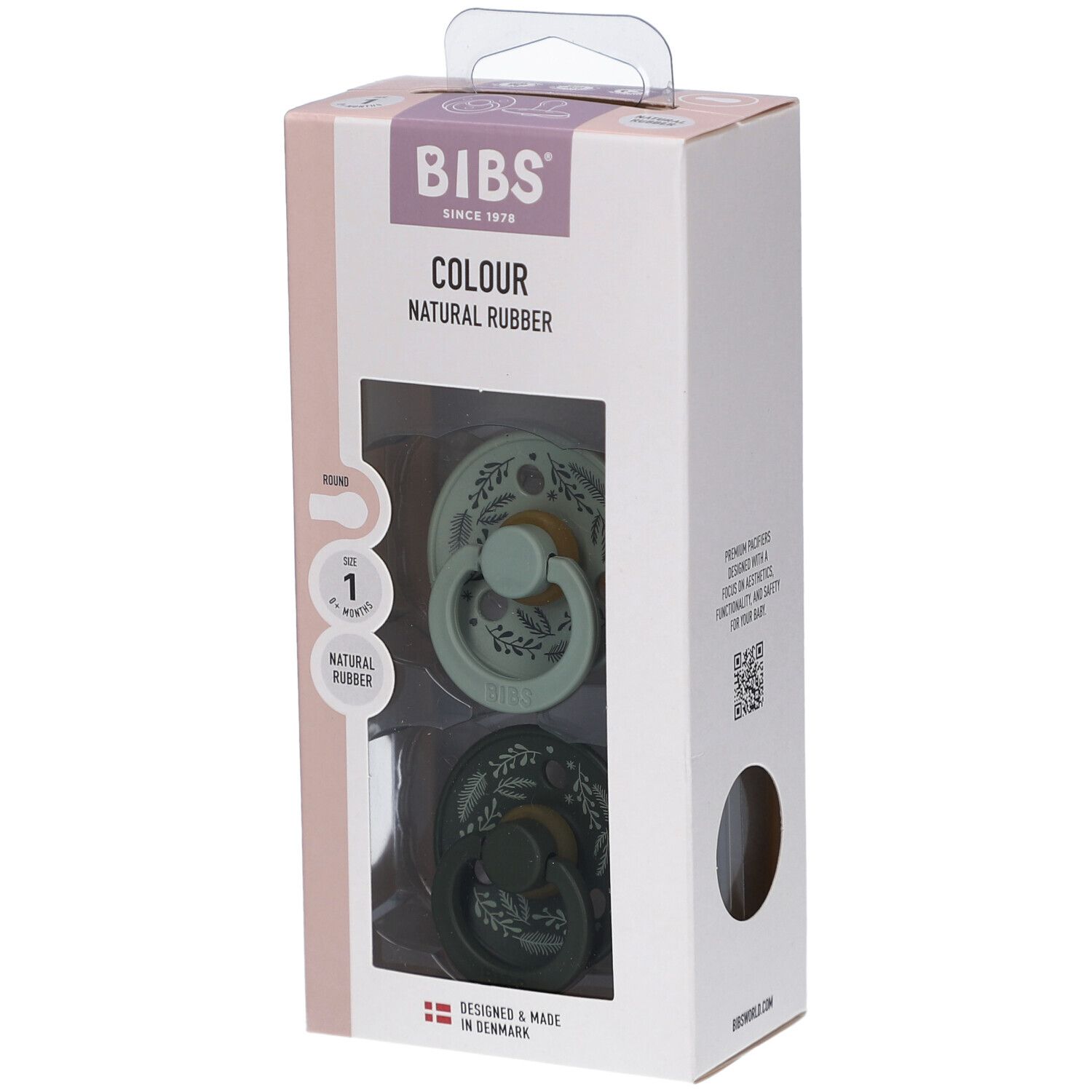 BIBS-Verpackung mit zwei Schnullern. Grün und dunkelgrün, Größe 1, Naturkautschuk. Sichtfenster.