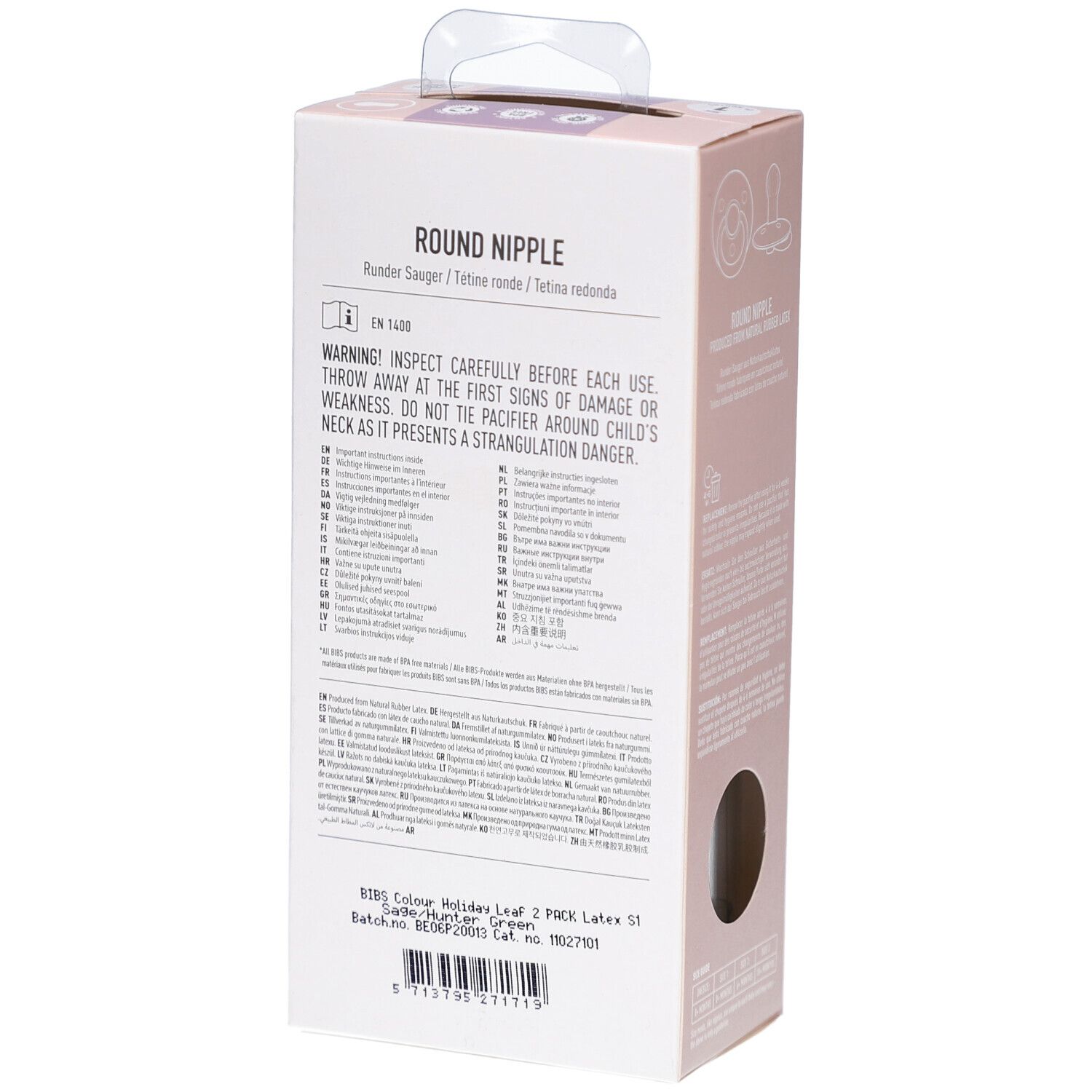 Rückseite der BIBS-Verpackung. Text, Warnhinweise, Chargennummer. Runder Sauger.