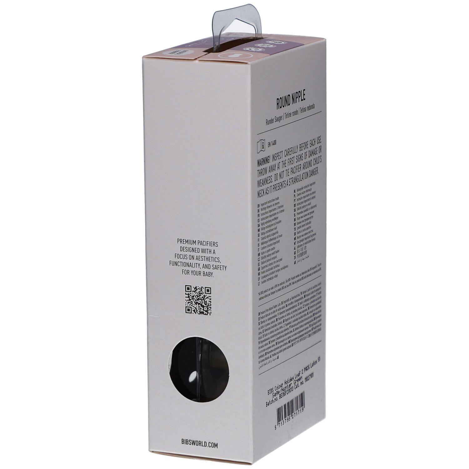 BIBS-Verpackung, Seitenansicht. Text, QR-Code, Fenster. Runder Sauger.