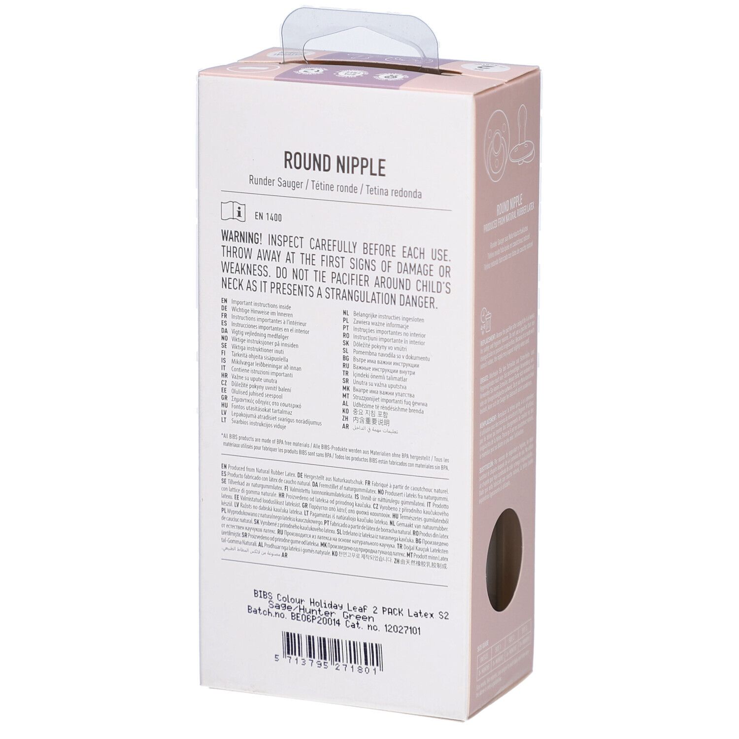 Rückseite der Verpackung mit zwei Schnullern. Text in mehreren Sprachen. Warnhinweis. Marke BIBS. Batch-Nr. und Barcode.