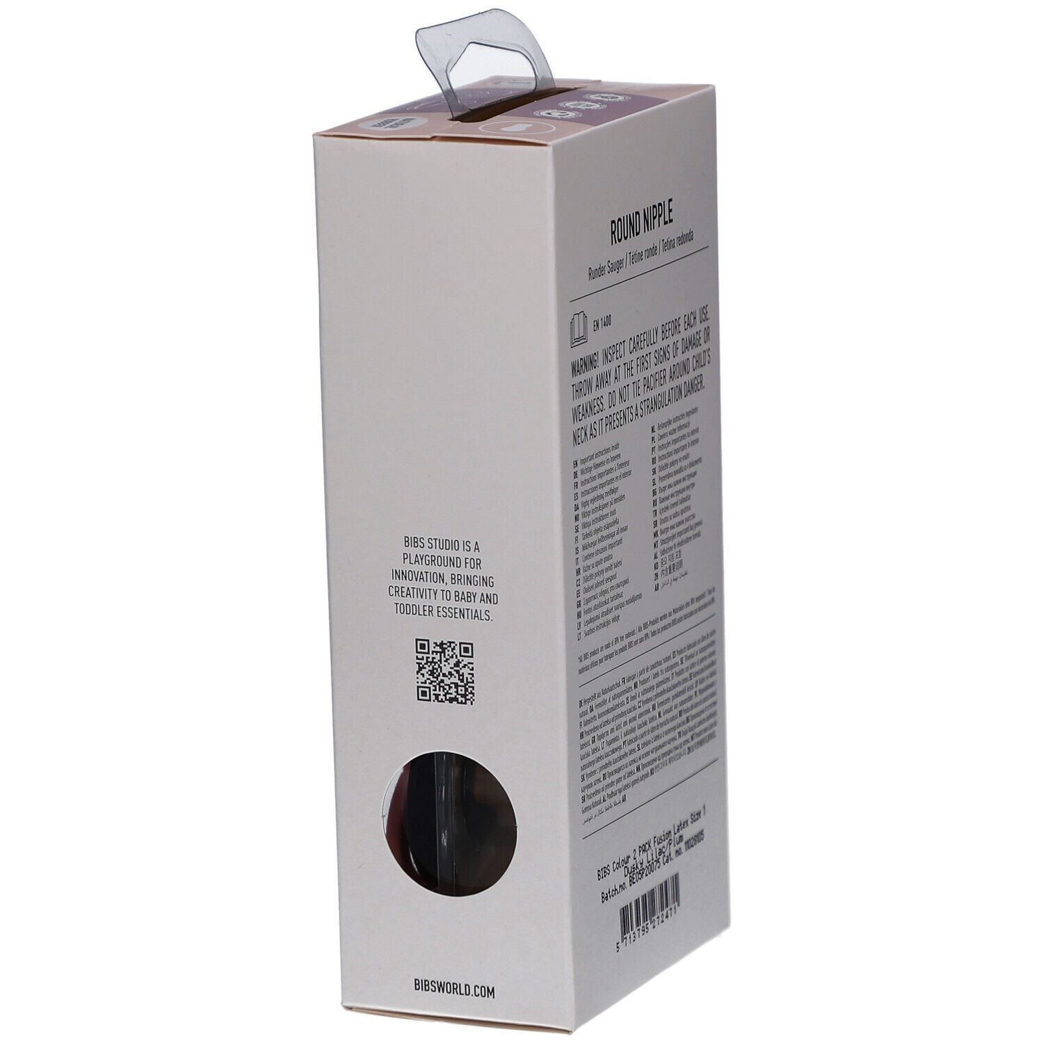 Rückseite der Verpackung mit Warnhinweisen und Produktinformationen. BIBS-Logo, runde Form, Größe 1.