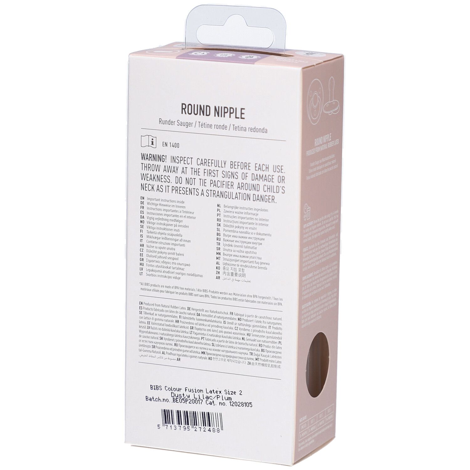 Rückseite der Verpackung mit Text. BIBS Colour Fusion Latex Size 2. Warnhinweis. Chargennummer.