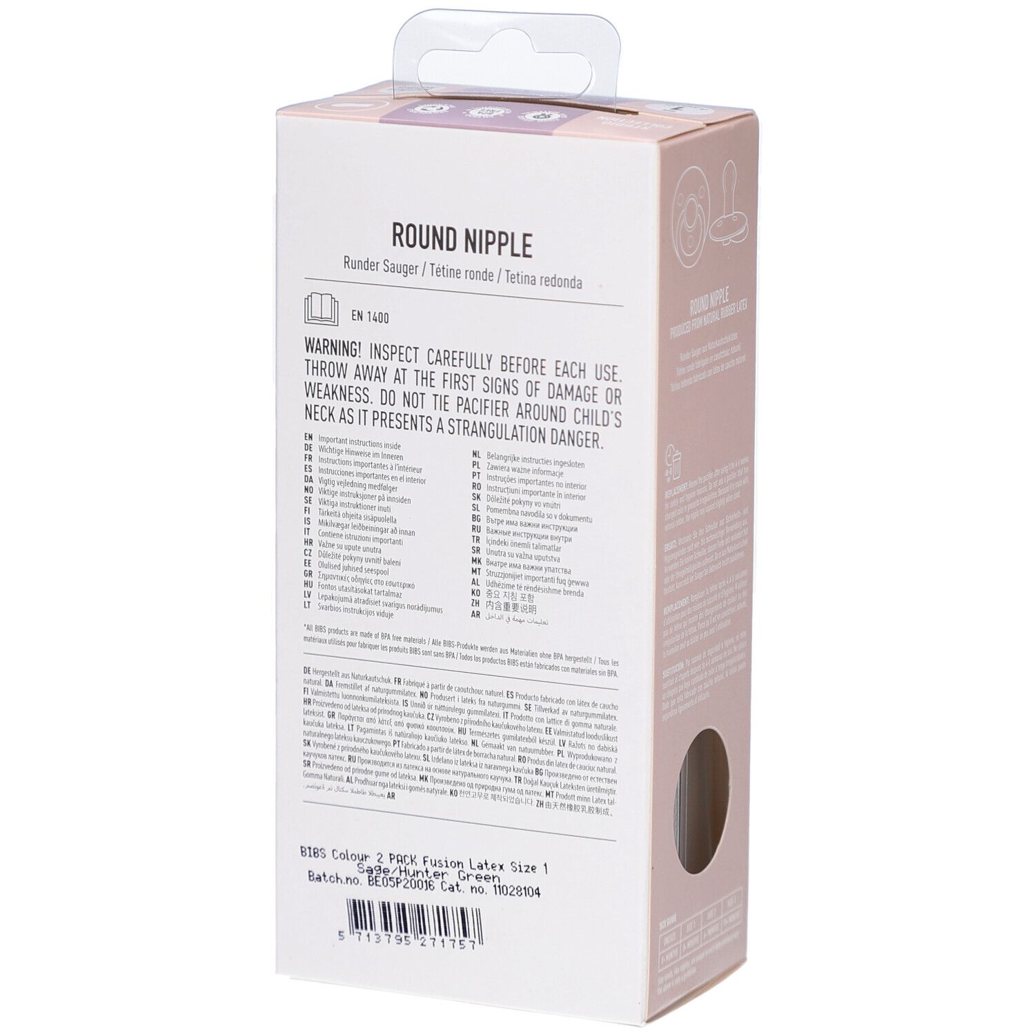 Rückseite der Verpackung mit Text. Warnhinweise und Produktinformationen. Marke: BIBS. Größe 1, 0-6 Monate.