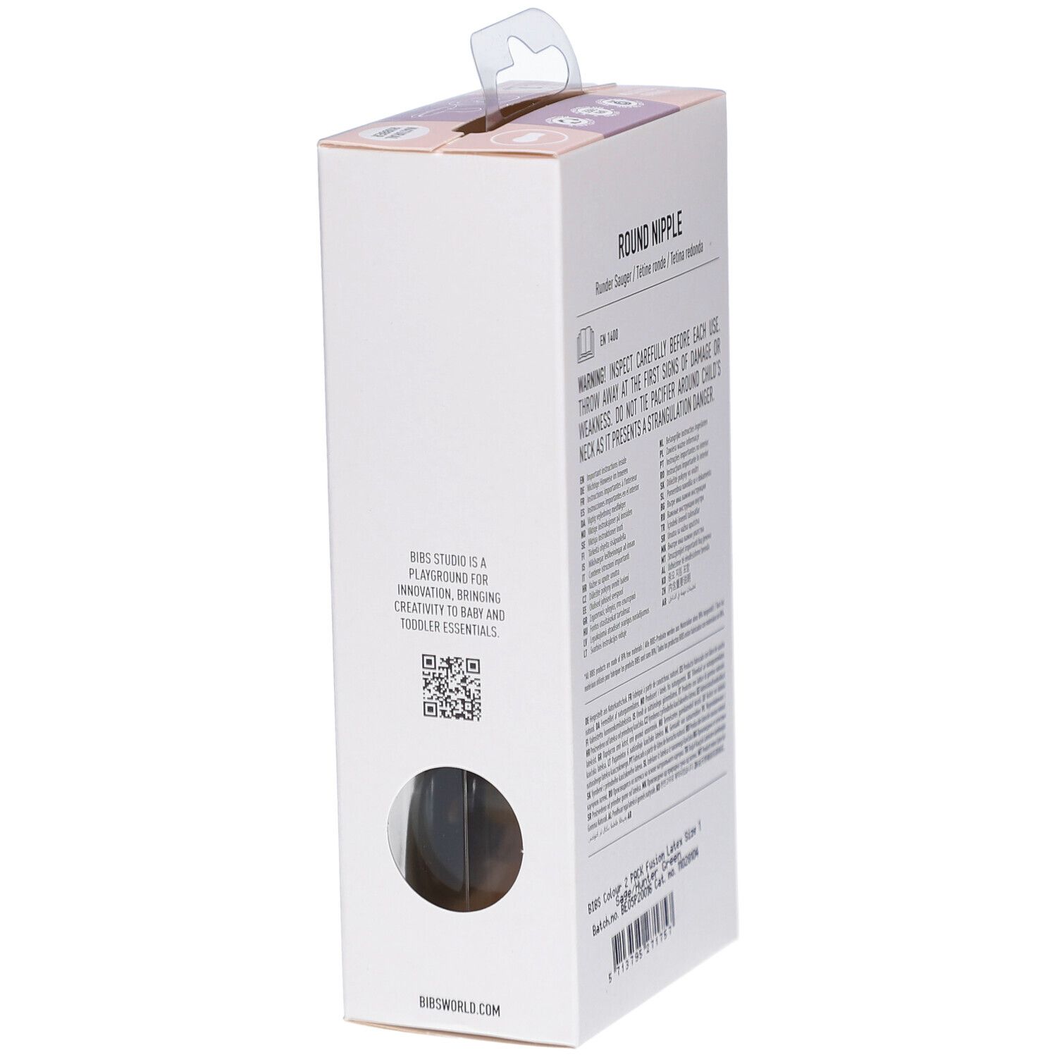 Verpackung mit Text. Marke: BIBS. Informationen und Warnhinweise. Größe 1, 0-6 Monate. Naturgummi.