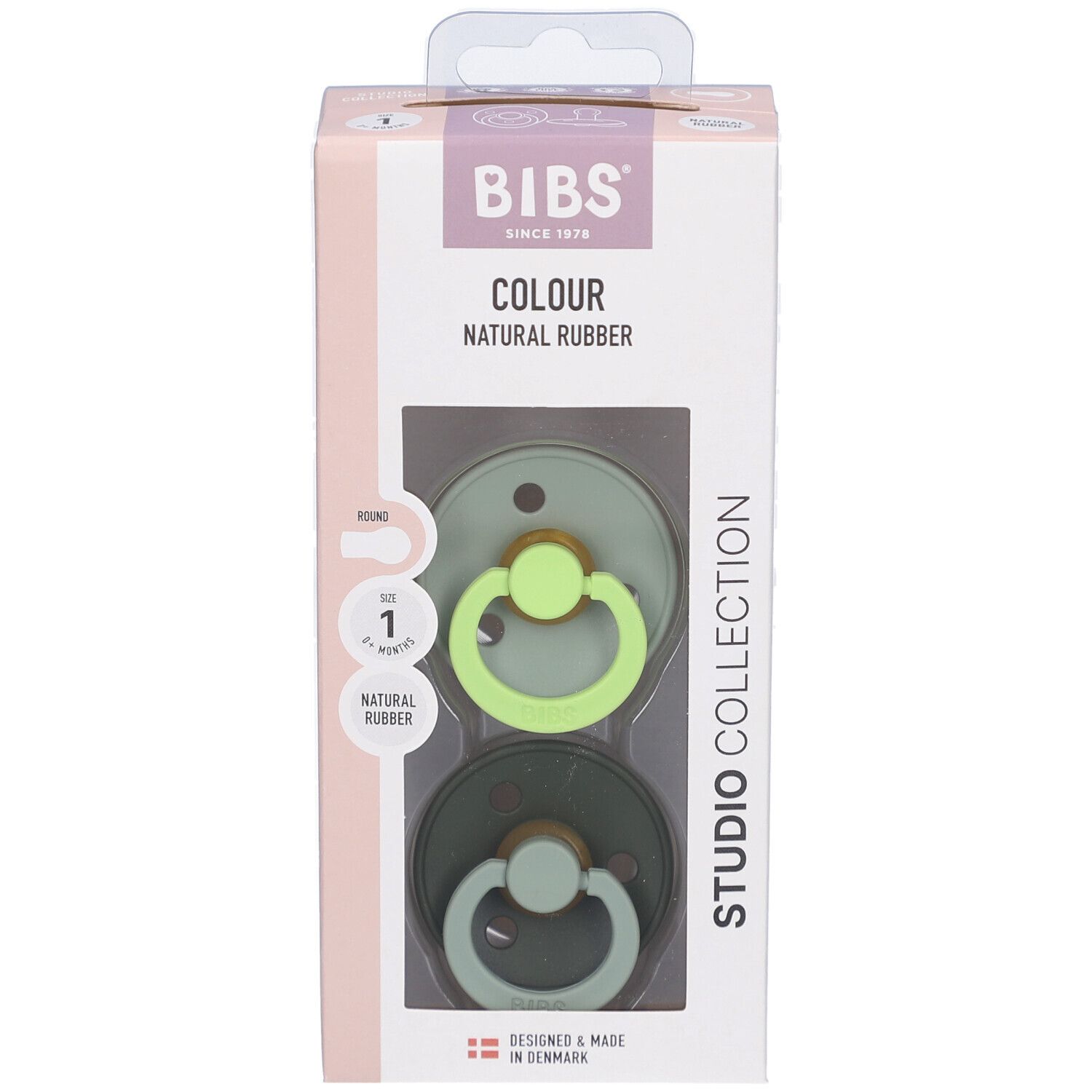 Verpackung mit zwei Schnullern. Marke: BIBS. Farben: Grün und Dunkelgrün. Größe 1, 0-6 Monate. Naturgummi.