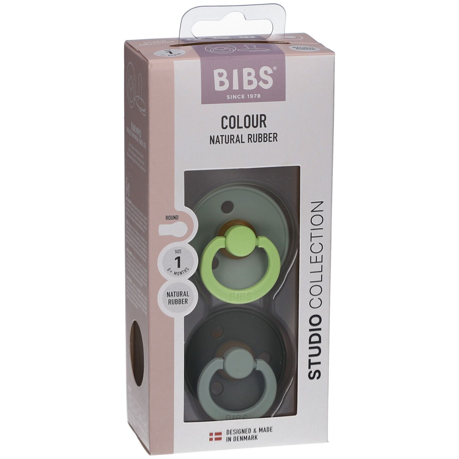 Verpackung mit zwei Schnullern. Marke: BIBS. Farben: Grün und Dunkelgrün. Größe 1, 0-6 Monate. Naturgummi.