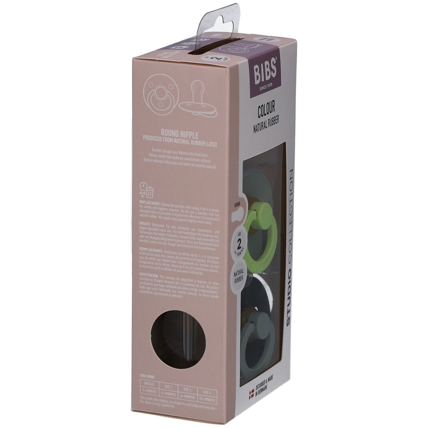 Verpackung mit zwei Schnullern. BIBS-Logo. Farbe: Grün. Größe 2, 6-18 Monate. Naturgummi. Studio Collection. Rückseite mit Text.