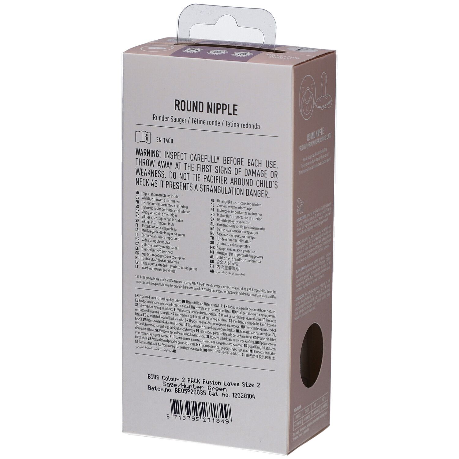 Rückseite der Verpackung. Text in mehreren Sprachen. BIBS-Logo. Warnhinweise. Informationen zu den Schnullern.