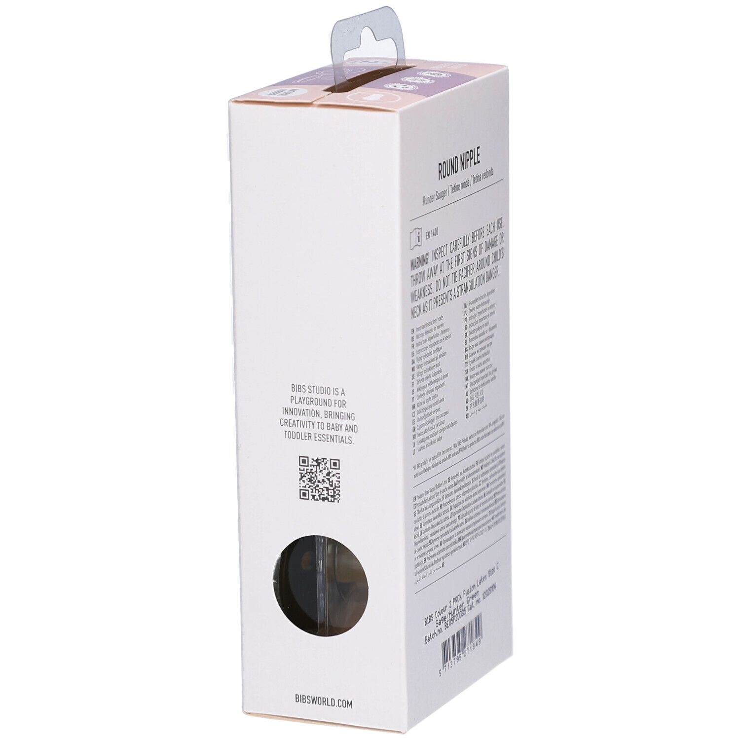 Seite der Verpackung. Text in mehreren Sprachen. BIBS-Logo. Informationen zum Unternehmen. QR-Code.