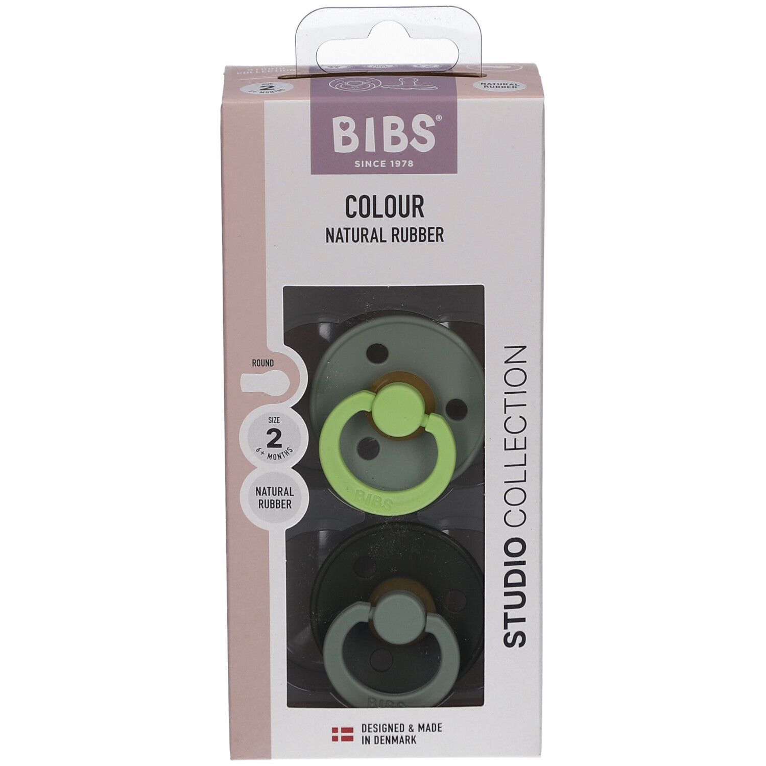 Verpackung mit zwei Schnullern. BIBS-Logo. Farbe: Grün. Größe 2, 6-18 Monate. Naturgummi. Studio Collection.