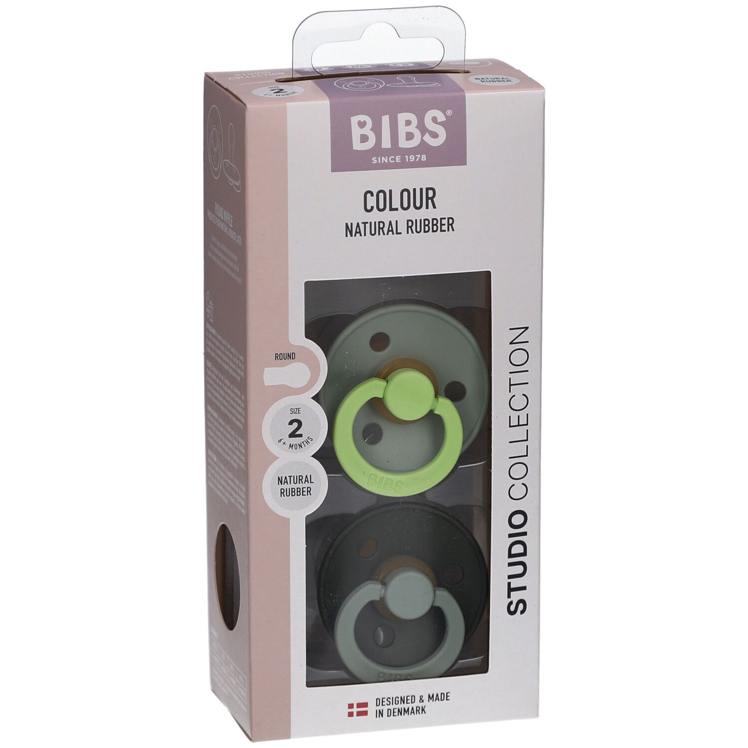 Verpackung mit zwei Schnullern. BIBS-Logo. Farbe: Grün. Größe 2, 6-18 Monate. Naturgummi. Studio Collection.