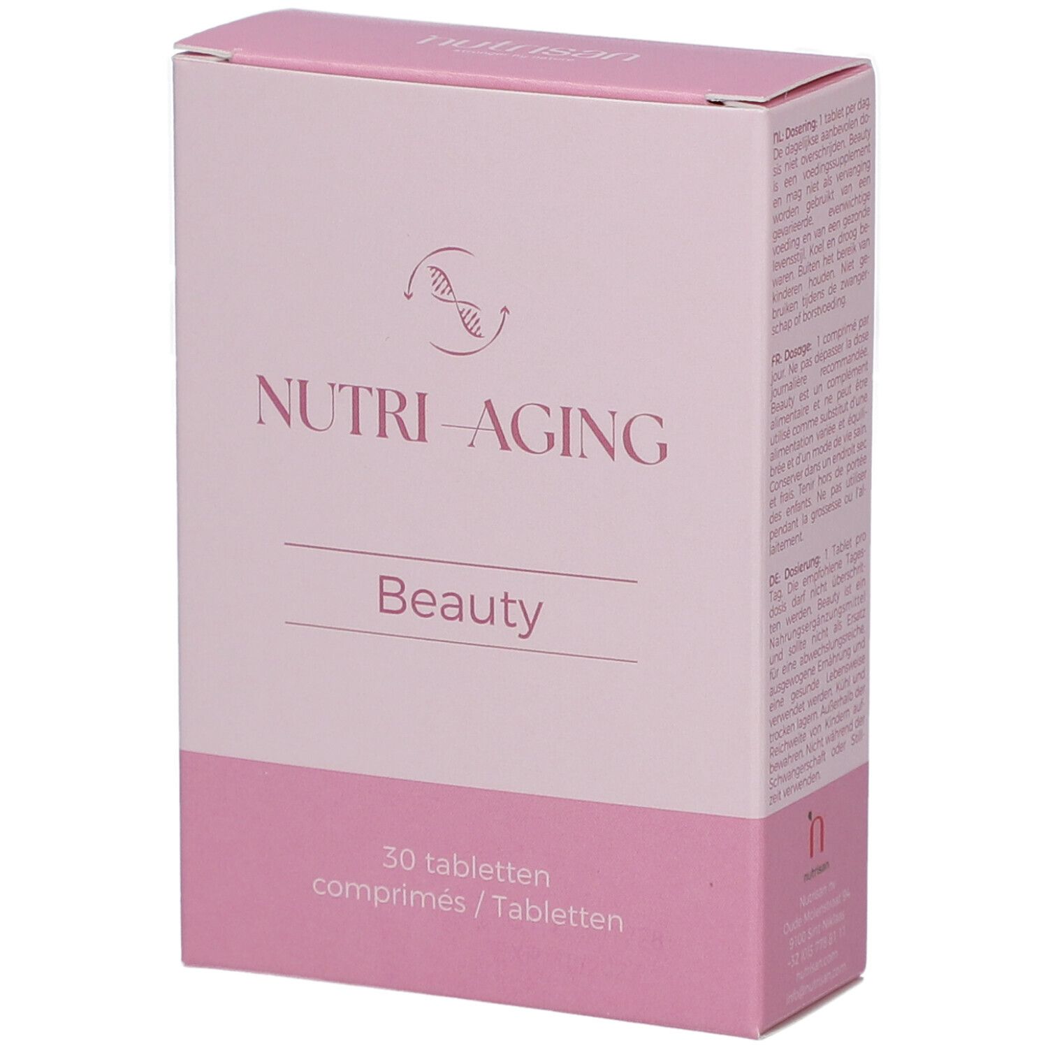 Rosa Schachtel mit "NUTRI-AGING Beauty". Enthält 30 Tabletten. Logo mit Doppelhelix. Text in Deutsch und Niederländisch.