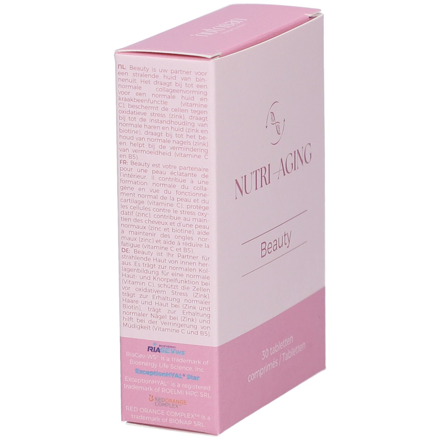 Rosa Schachtel mit Text in mehreren Sprachen. "NUTRI-AGING Beauty" und Logo. Enthält Informationen über das Produkt.
