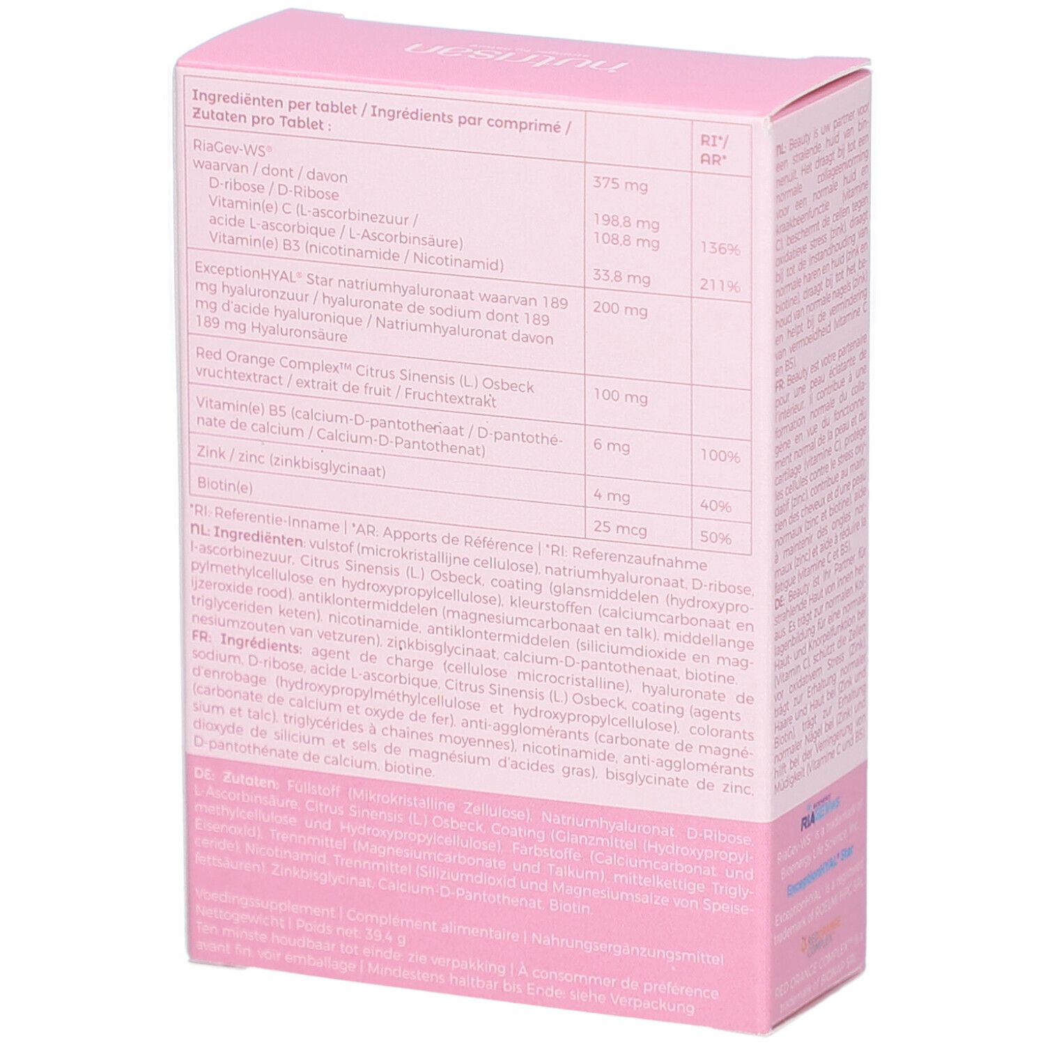 Rosa Schachtel mit Inhaltsstoffliste. Enthält Informationen zu Inhaltsstoffen pro Tablette. Text in mehreren Sprachen.