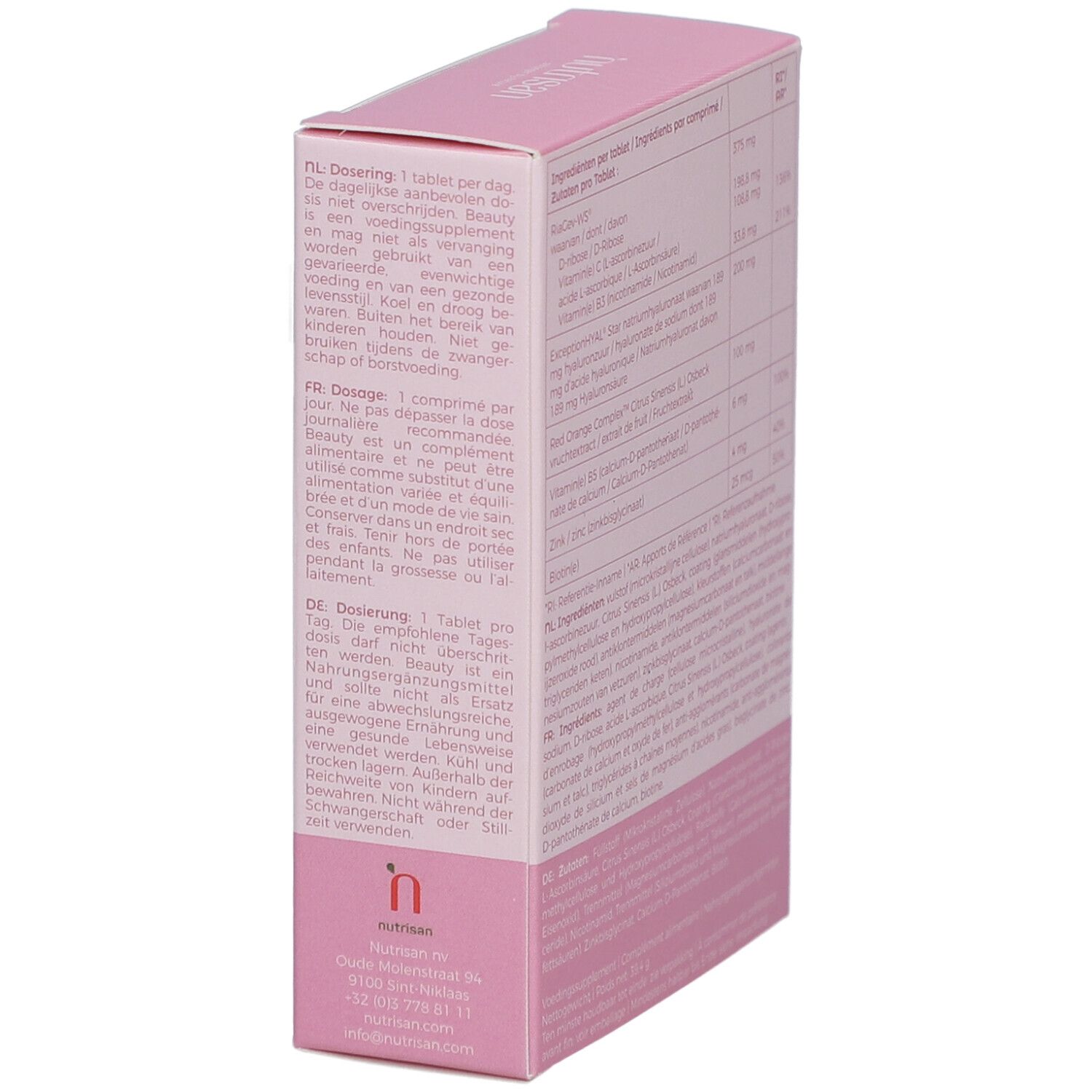 Rosa Schachtel mit Dosierungsanweisungen. Enthält Informationen zur Einnahme. Text in mehreren Sprachen.