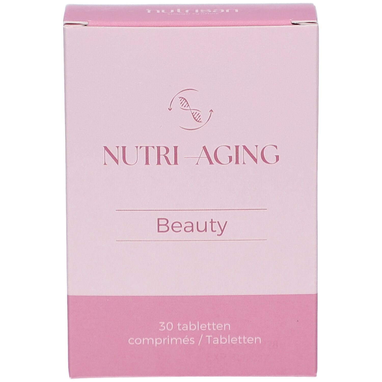 Rosa Schachtel mit "NUTRI-AGING Beauty". Enthält 30 Tabletten. Logo mit Doppelhelix. Text in Deutsch und Niederländisch.