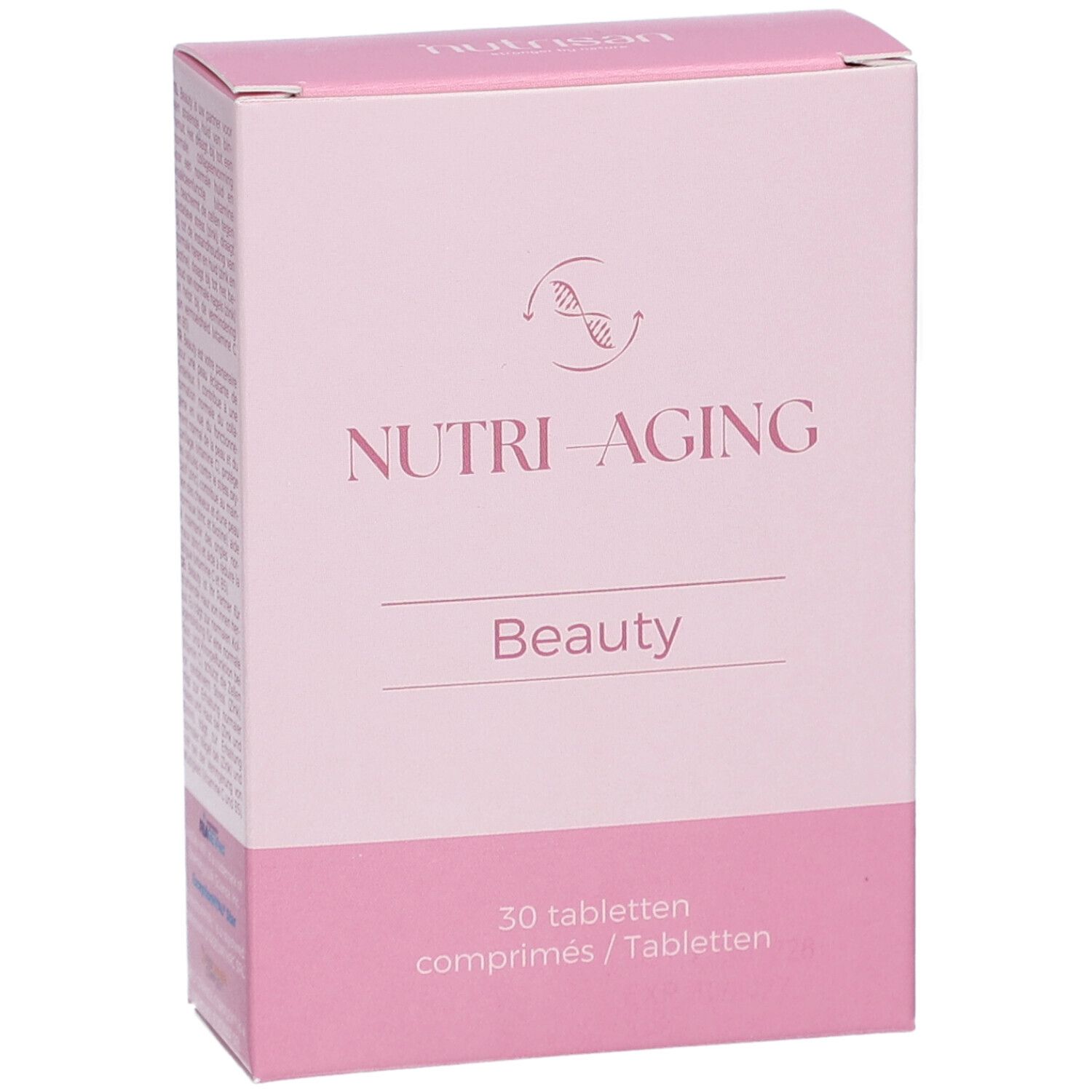 Rosa Schachtel mit "NUTRI-AGING Beauty". Enthält 30 Tabletten. Logo mit Doppelhelix. Text in Deutsch und Niederländisch.