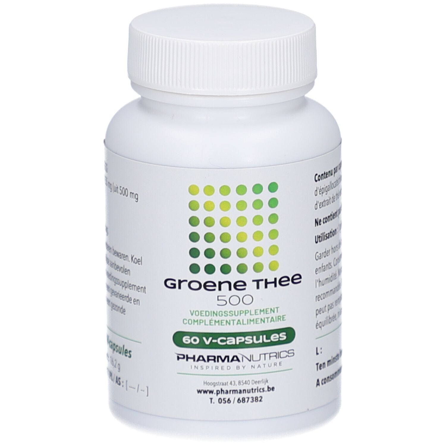 Flacon blanc avec étiquette verte. Inscription: Groene Thee 500, 60 V-caps. Marque: PharmaNutrics.
