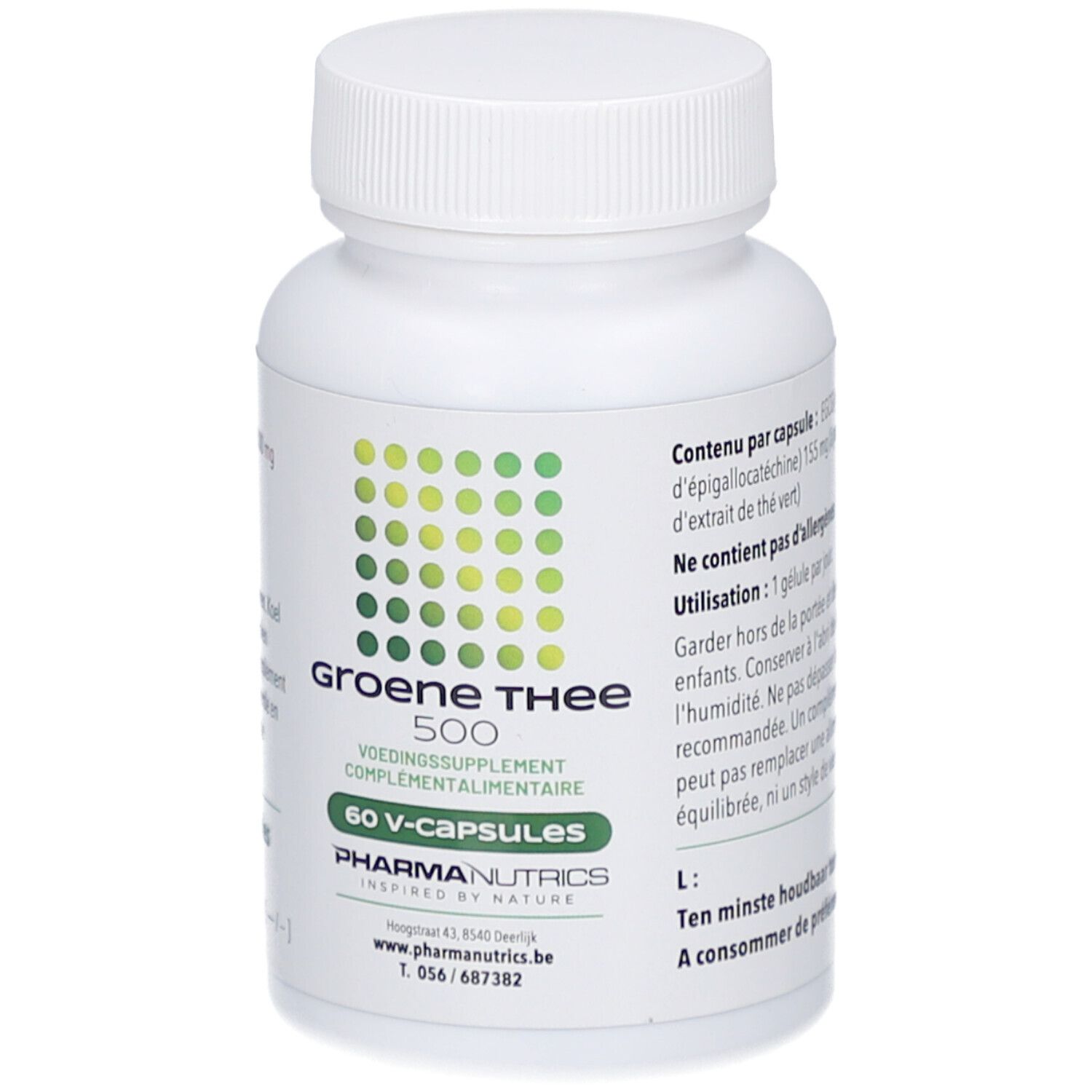 Flacon blanc avec étiquette verte. Inscription: Groene Thee 500, 60 V-caps. Marque: PharmaNutrics.