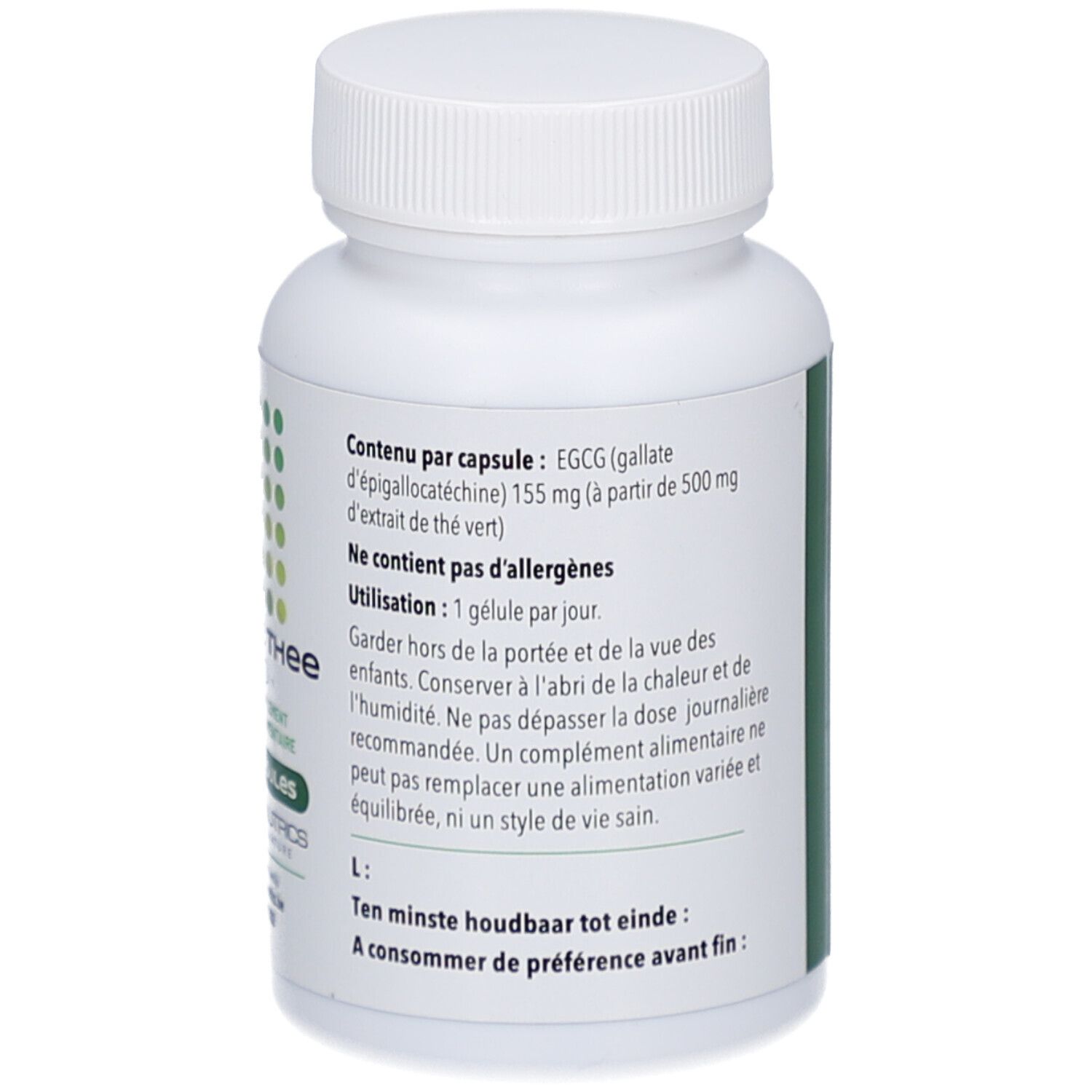 Dos du flacon blanc. Contient des informations sur les ingrédients et le mode d'emploi.