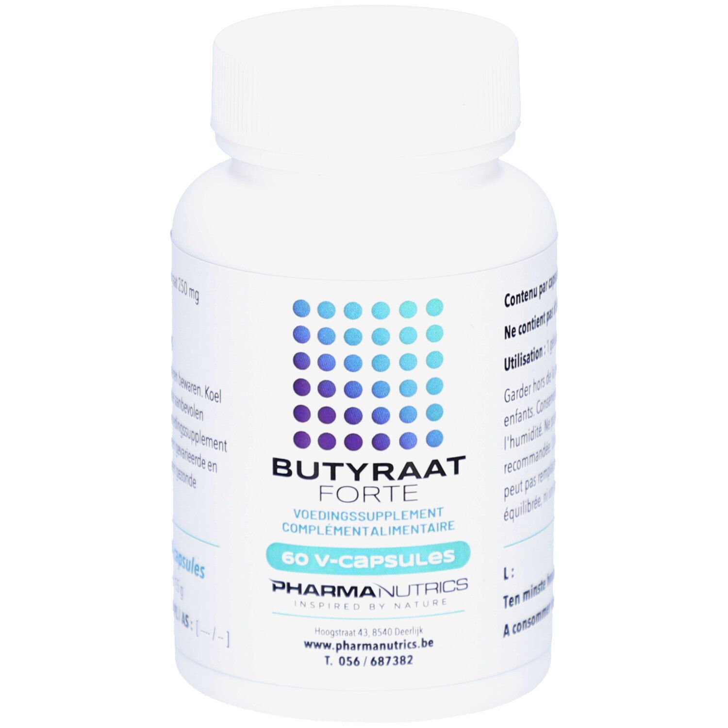 Weiße Flasche mit blauer und türkisfarbener Grafik. Aufschrift: Butyraat Forte, 60 V-Kapseln, Pharma Nutrics.