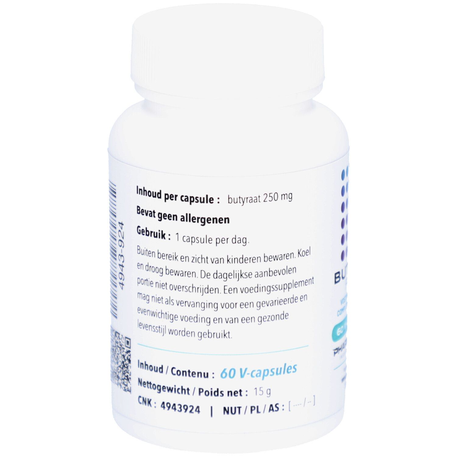 Rückseite einer weißen Flasche. Text: Inhaltsstoffe, Gebrauchsanweisung, Warnhinweise. QR-Code und CNK-Nummer.