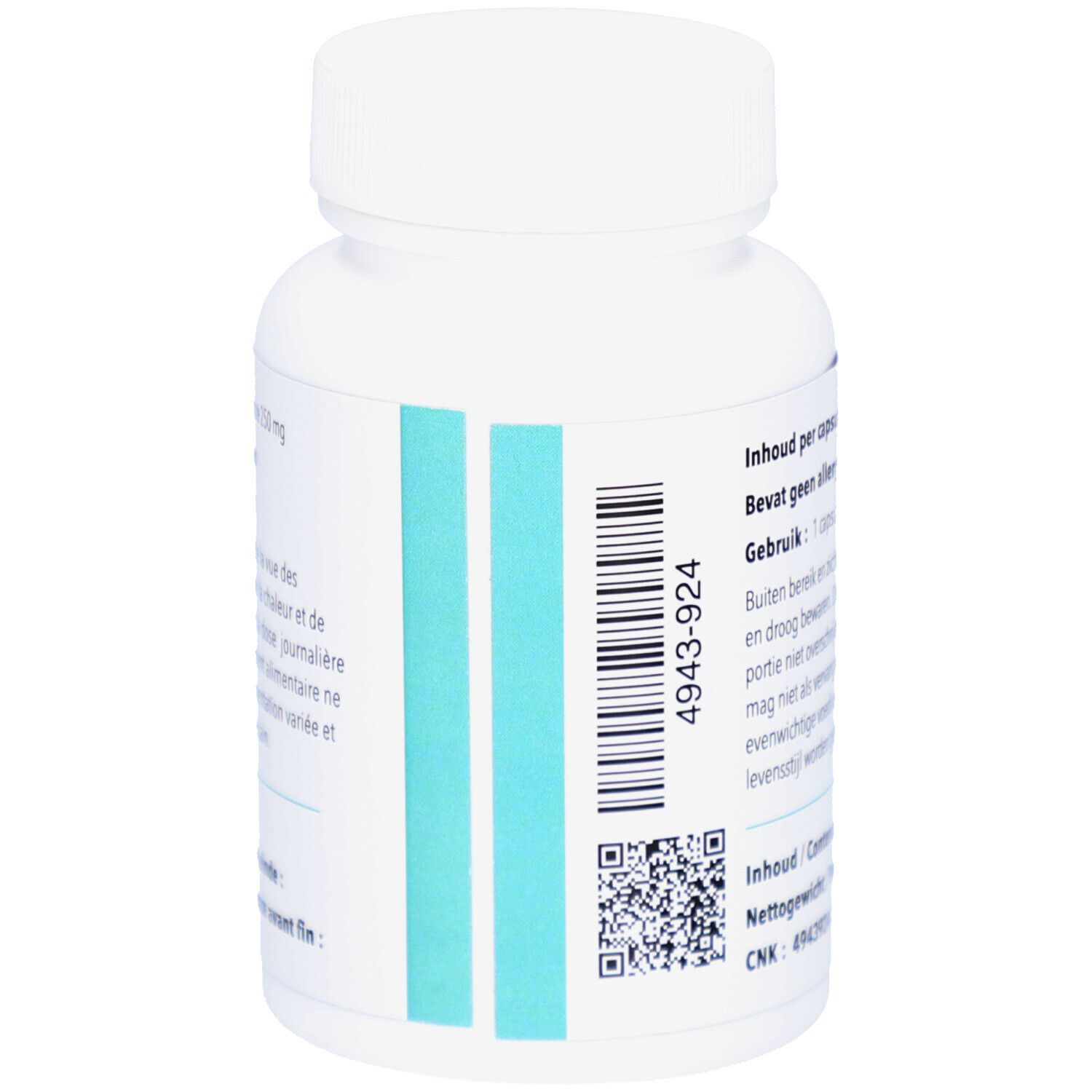 Rückseite einer weißen Flasche. Türkisfarbene Streifen. QR-Code und CNK-Nummer.