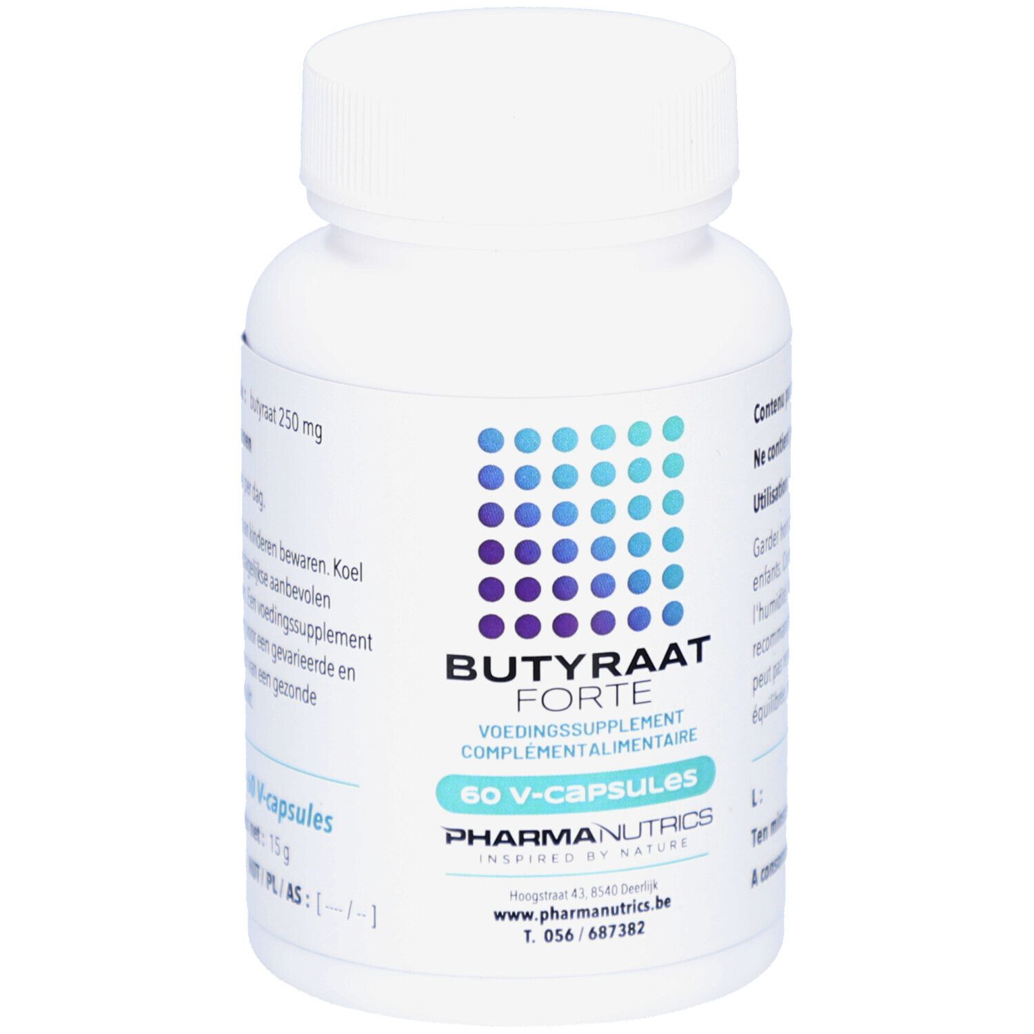 Weiße Flasche mit blauer und türkisfarbener Grafik. Aufschrift: Butyraat Forte, 60 V-Kapseln, Pharma Nutrics.