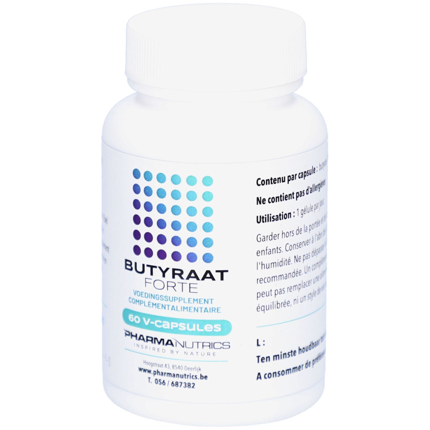 Weiße Flasche mit blauer und türkisfarbener Grafik. Aufschrift: Butyraat Forte, 60 V-Kapseln, Pharma Nutrics.