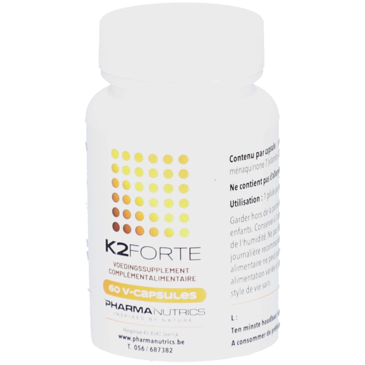 Flacon blanc K2 Forte V-caps. Inscription: 60 V-capsules. Marque: Pharmanutrics.