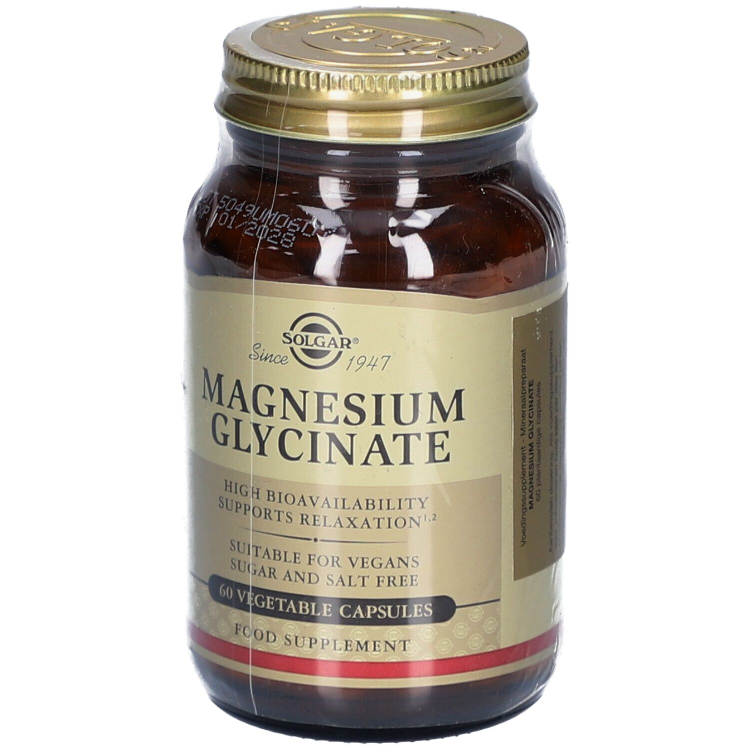 Flacon en verre brun avec couvercle doré. L'étiquette indique "Magnesium Glycinate" de Solgar. Contient 60 gélules.