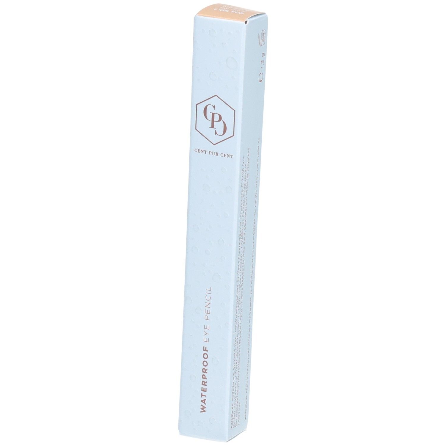 Schachtel mit Cent Pur Cent Crayon Yeux Waterproof L'Or Pur. Hellblaue Verpackung mit Logo und Produktbezeichnung.