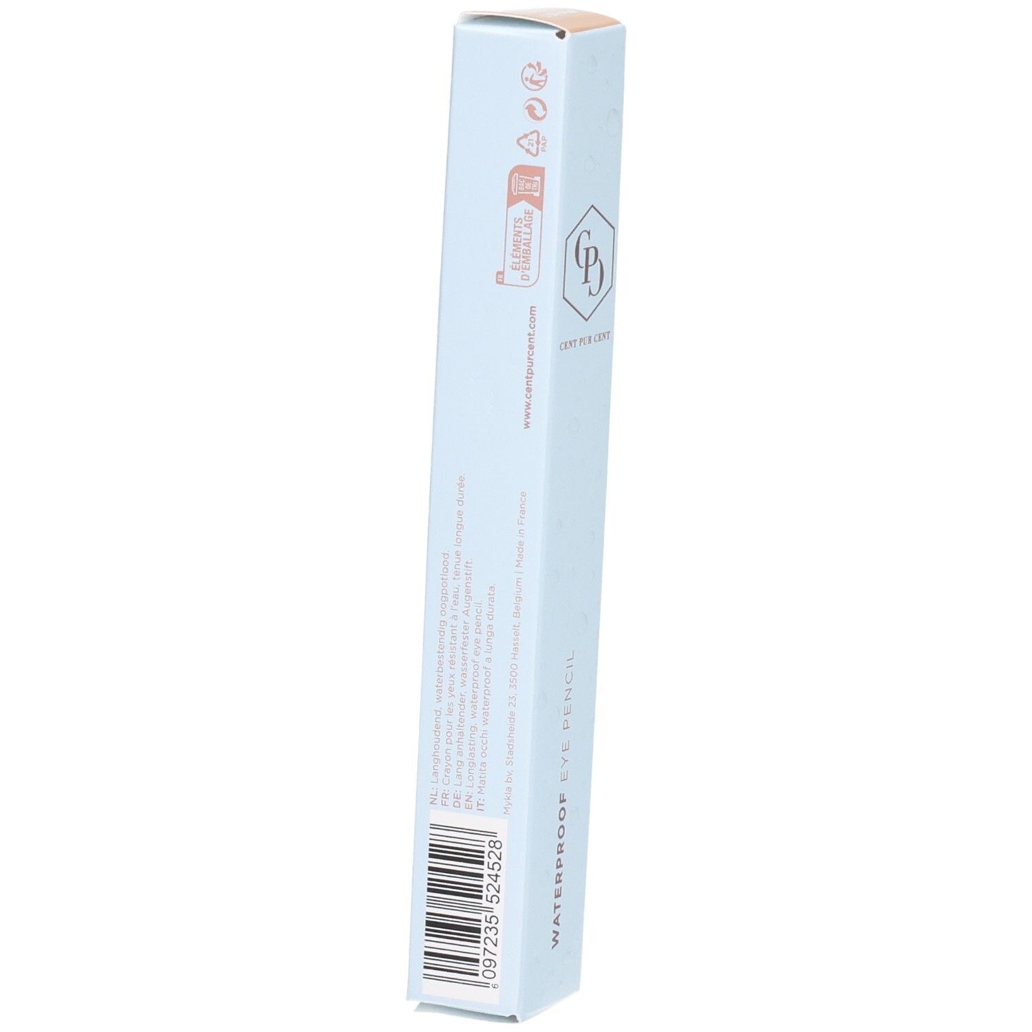 Rückseite der Verpackung von Cent Pur Cent Crayon Yeux Waterproof L'Or Pur. Text und Barcode.