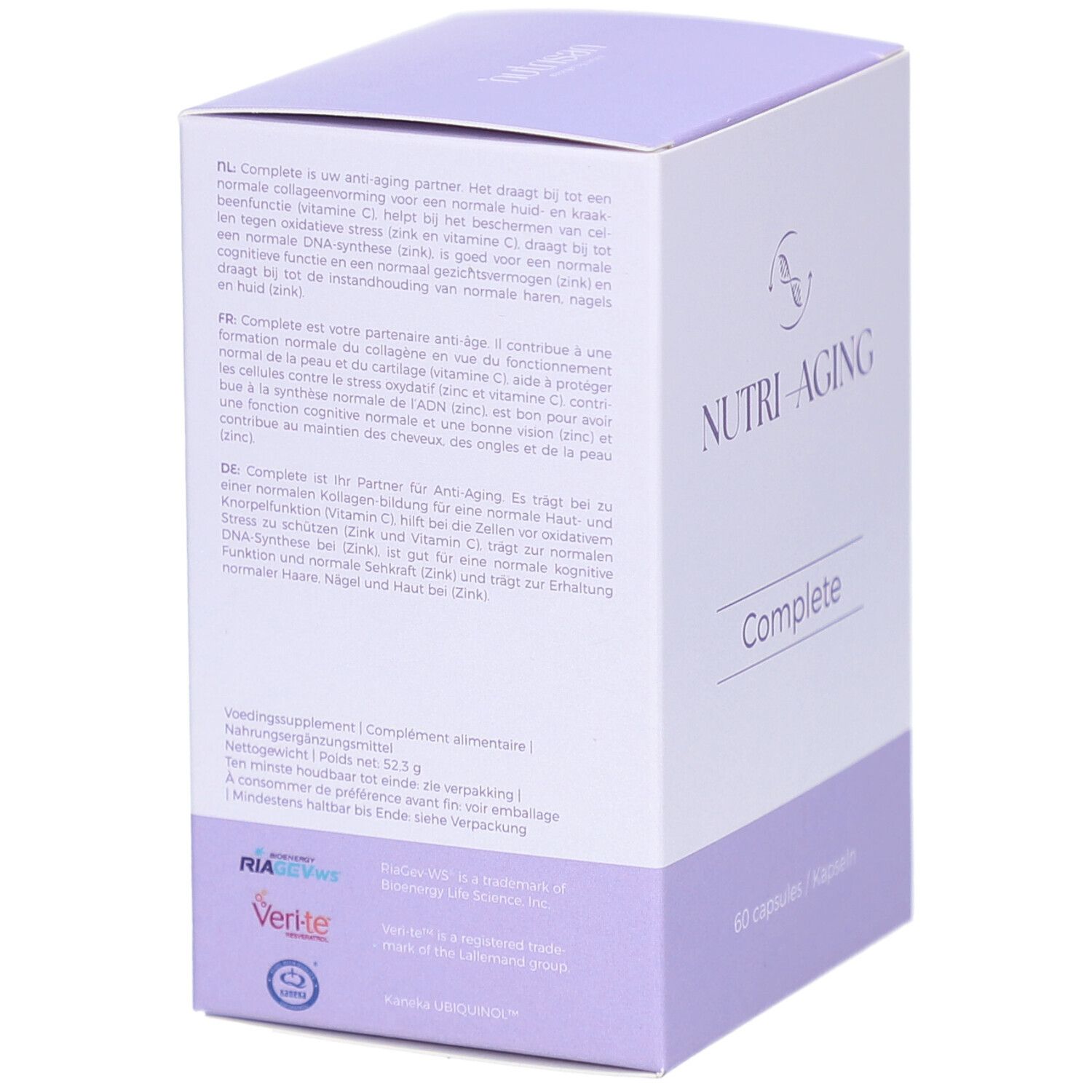 Rückseite der Nutrisan Nutri-Aging Komplett-Schachtel. Text in mehreren Sprachen. Lila und weiß.