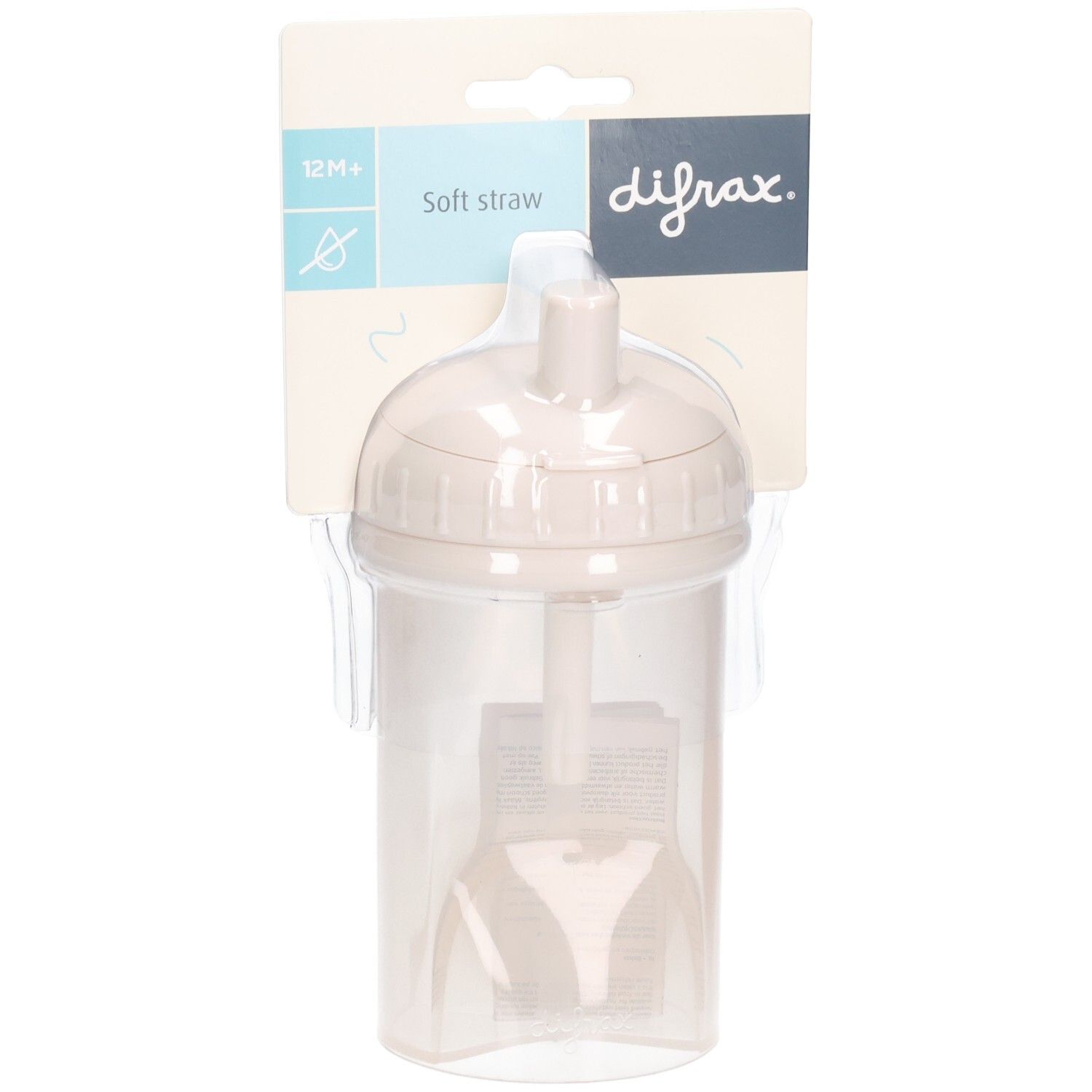 Becher mit Strohhalm, beige. Verpackt in Blisterverpackung. Marke Difrax. Aufdruck: 12M+, Soft straw.