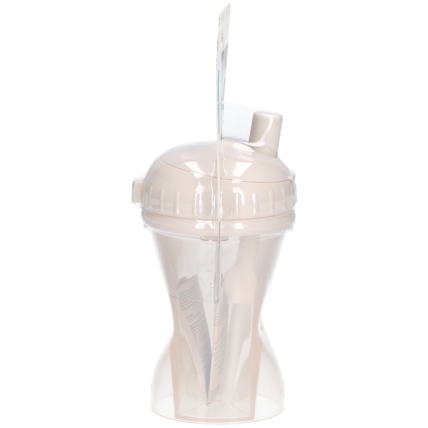 Becher mit Strohhalm, beige. Seitenansicht in Blisterverpackung. Marke Difrax.