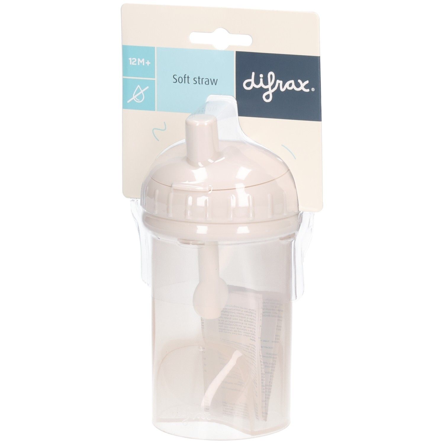 Becher mit Strohhalm, beige. Verpackt in Blisterverpackung. Marke Difrax. Aufdruck: 12M+, Soft straw.