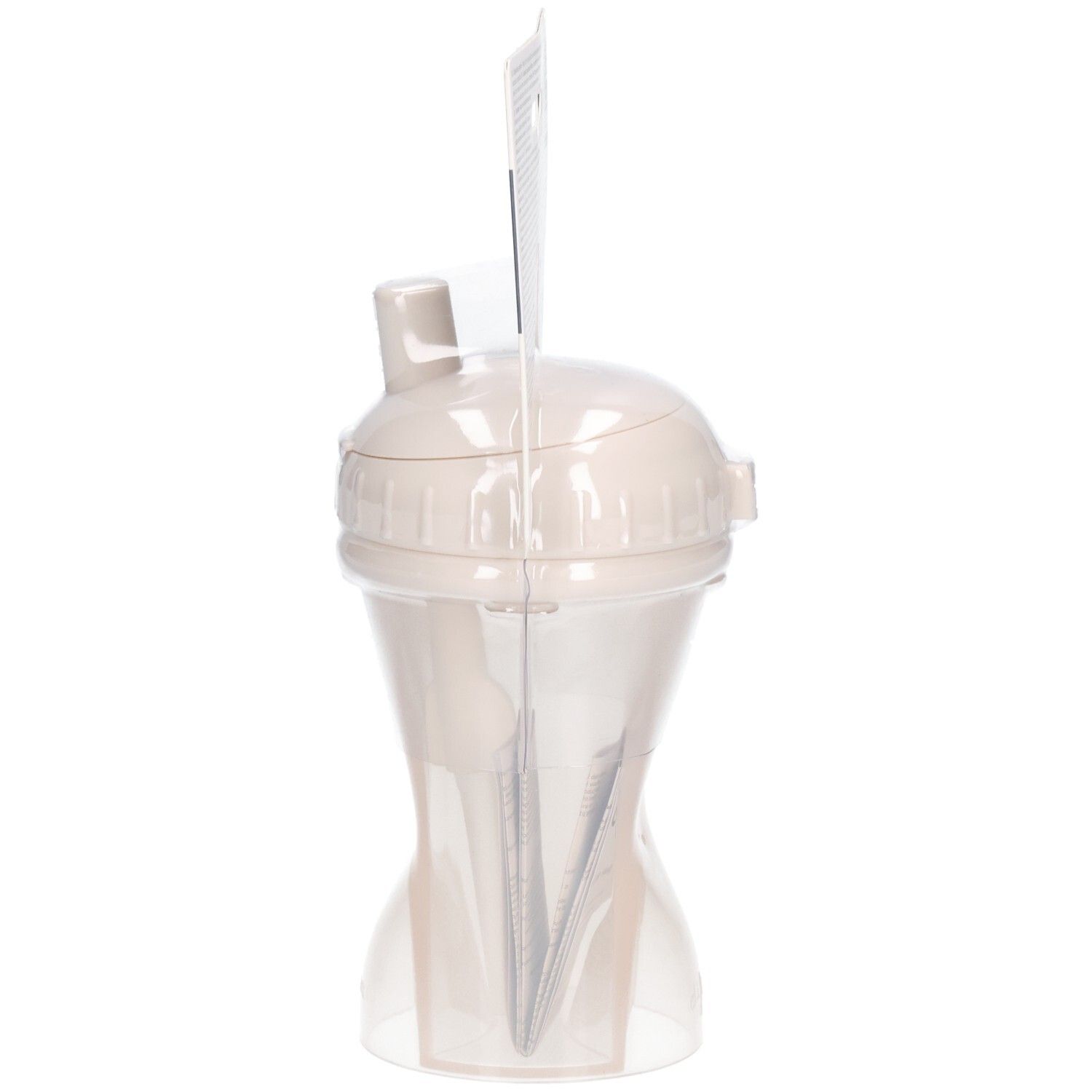 Becher mit Strohhalm, beige. Seitenansicht in Blisterverpackung. Marke Difrax.