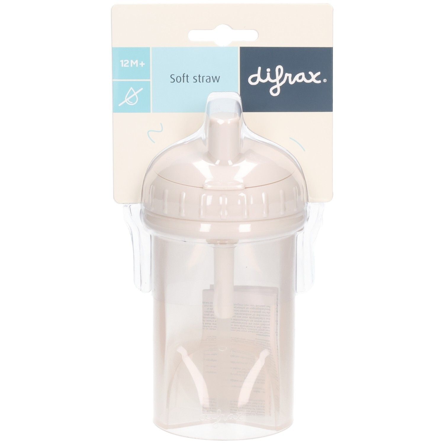 Becher mit Strohhalm, beige. Verpackt in Blisterverpackung. Marke Difrax. Aufdruck: 12M+, Soft straw.