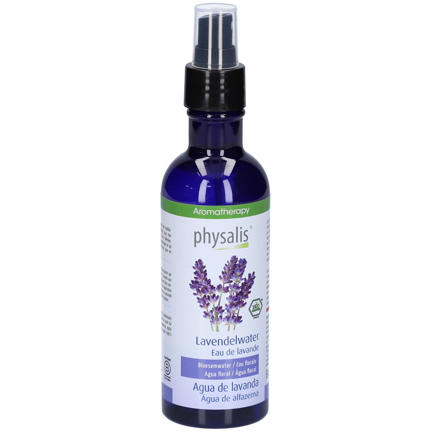 Blaues Glas mit Zerstäuber. Aufschrift: Aromatherapy, physalis, Lavendelwater, Eau de lavande, Agua de lavanda. Abbildung von Lavendel.