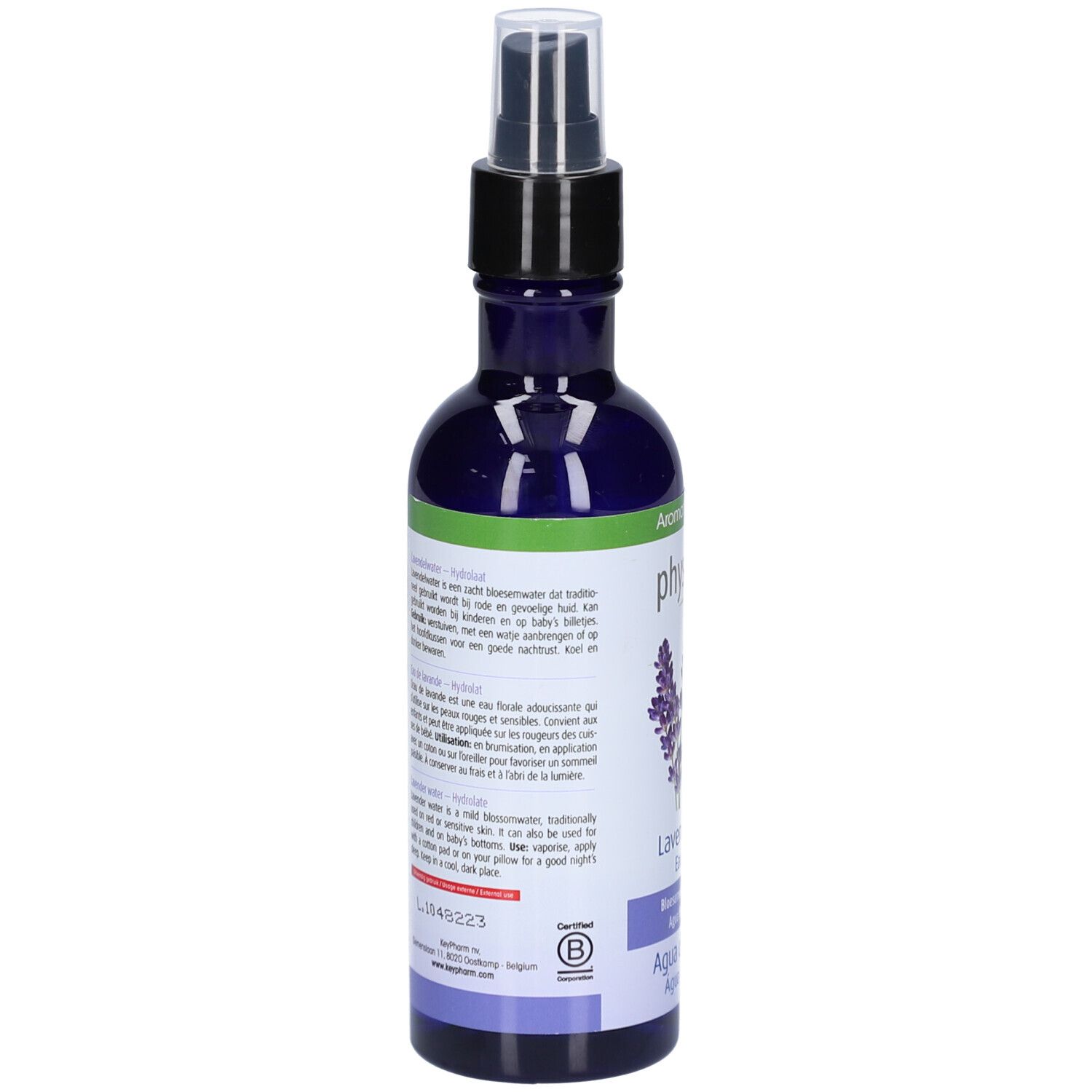 Rückseite des blauen Glasbehälters mit Text. Aufschrift: physalis, Lavendelwater. Zertifizierungslogo. Text in Niederländisch, Französisch, Deutsch, Spanisch.