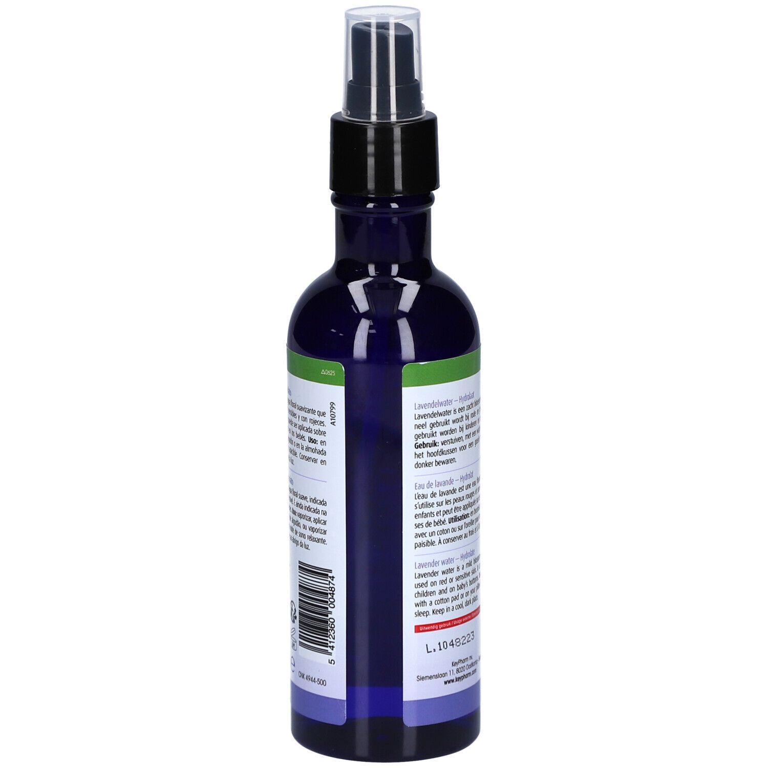 Rückseite des blauen Glasbehälters mit Text. Aufschrift: Lavendelwater. Text in Niederländisch, Französisch, Deutsch, Spanisch. Barcode.