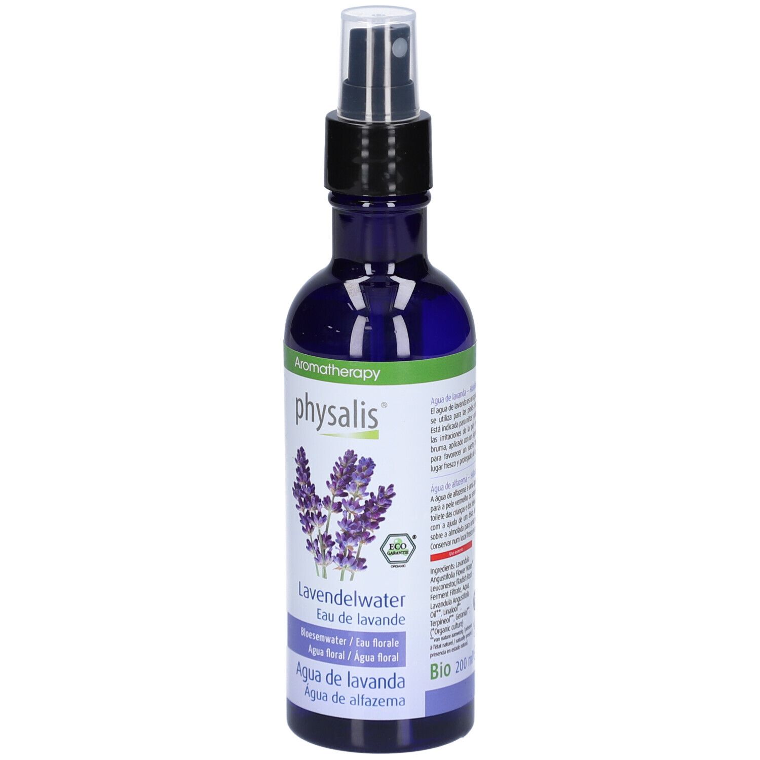 Blaues Glas mit Zerstäuber. Aufschrift: Aromatherapy, physalis, Lavendelwater, Eau de lavande, Agua de lavanda. Abbildung von Lavendel. Bio-Logo.