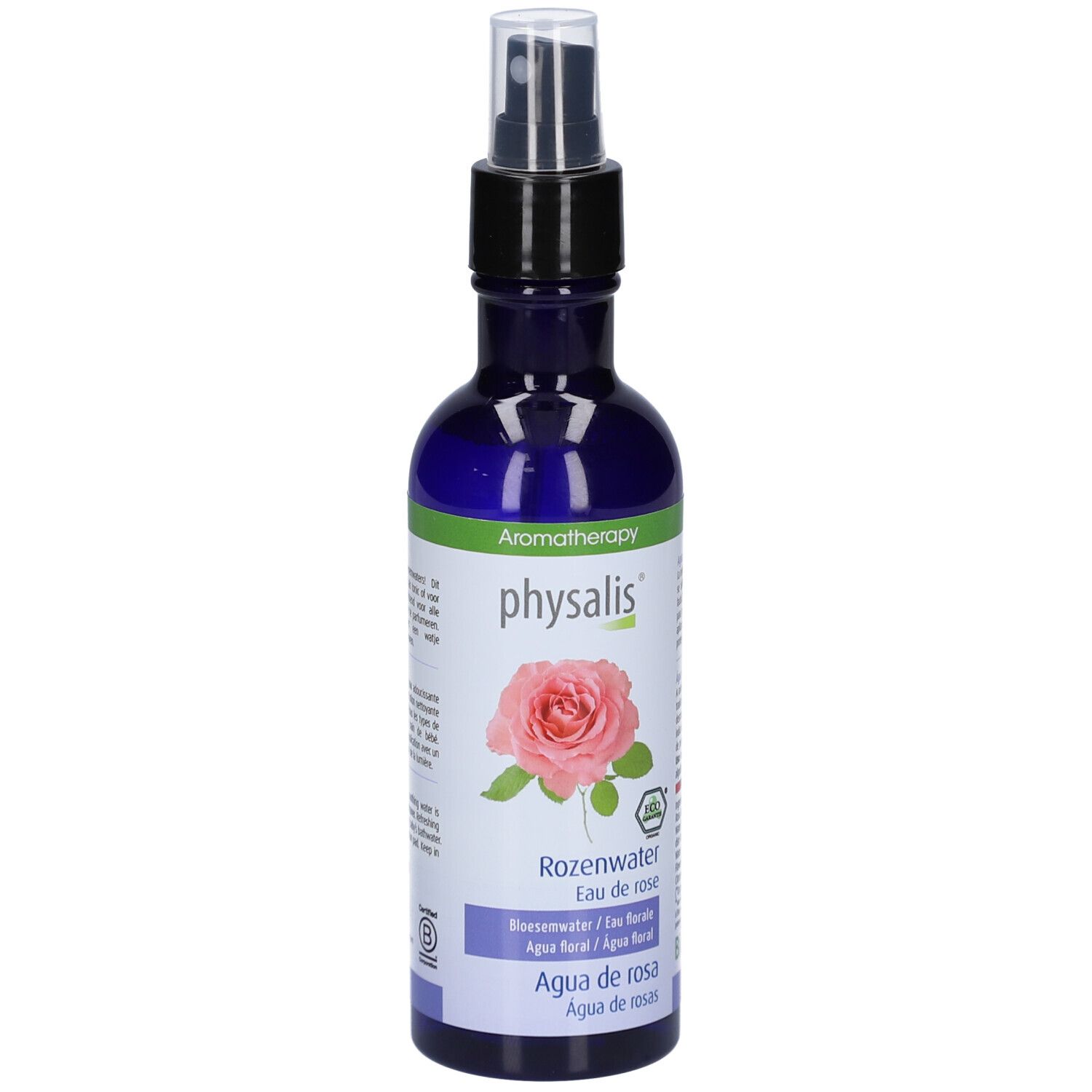 Blaue Flasche mit Zerstäuber. Aufschrift: Physalis, Rosenwasser, Eau de rose. Mit Bio-Siegel und Rosen-Illustration.