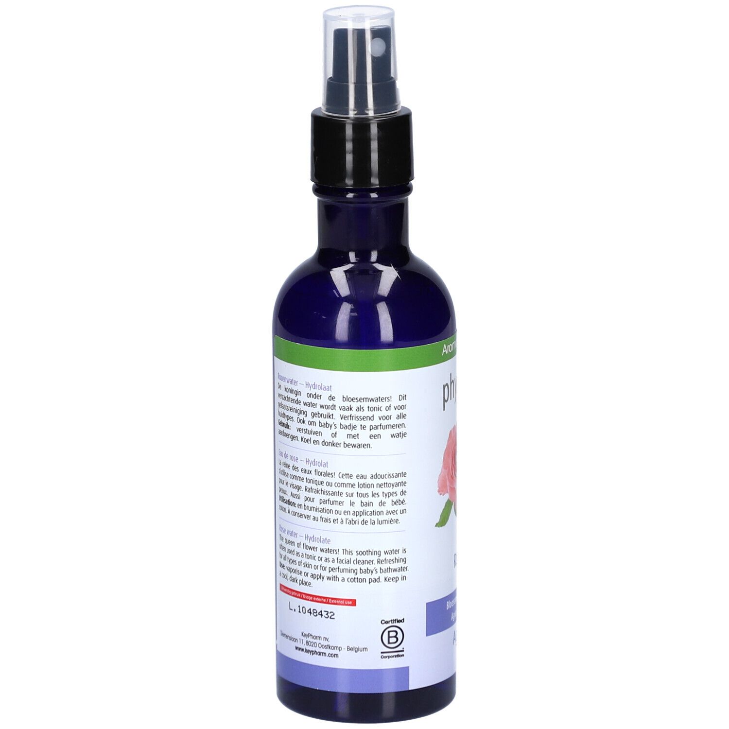 Rückseite der blauen Flasche mit Text. Aufschrift: Physalis, Rozenwater, Eau de rose. Mit Bio-Siegel.