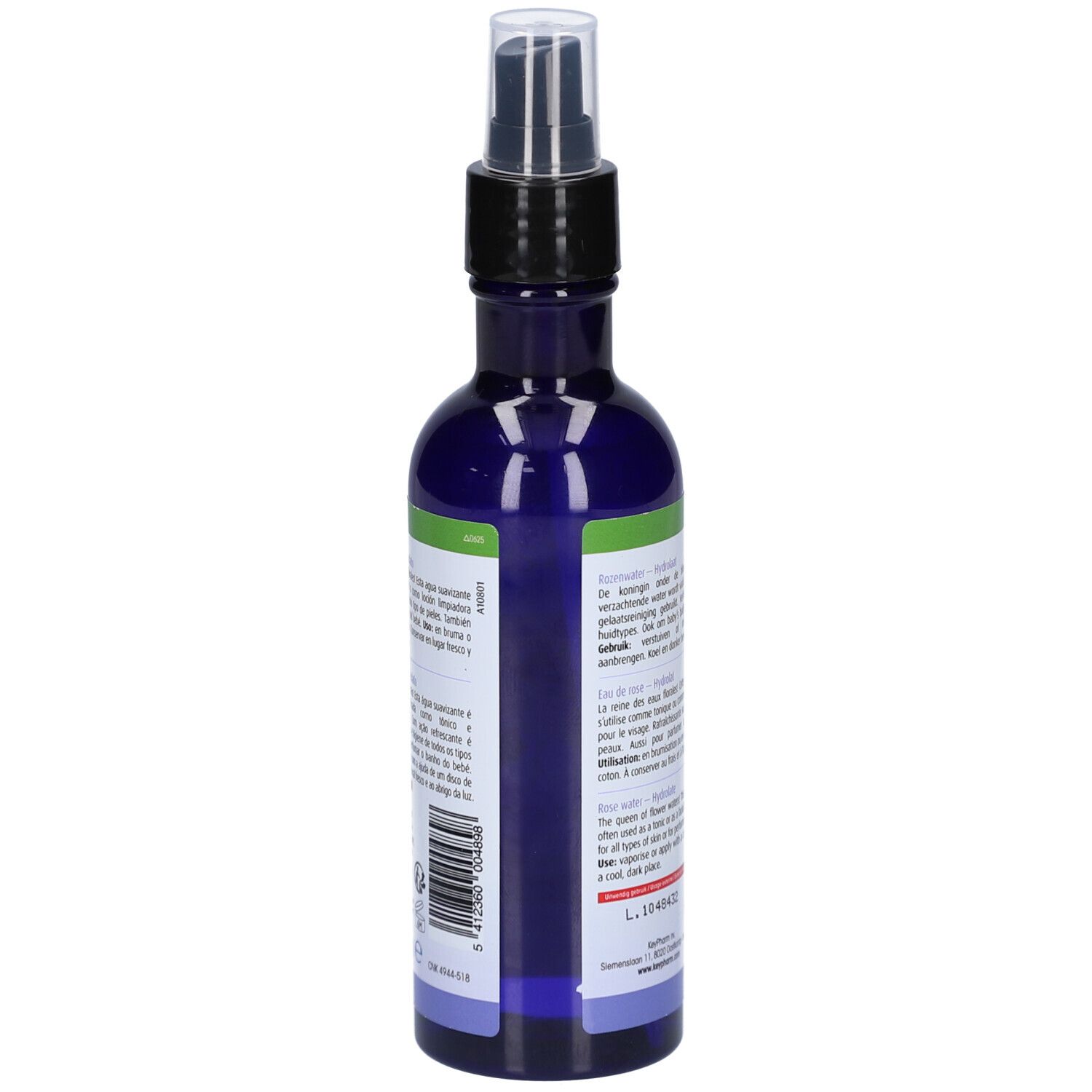 Rückansicht der blauen Flasche. Text und Barcode. Aufschrift: Physalis, Rozenwater, Eau de rose.