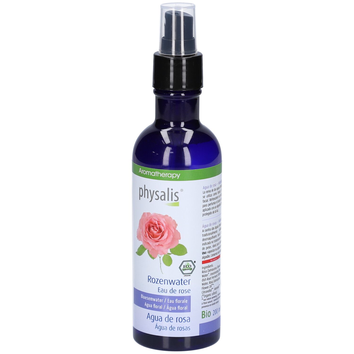 Blaue Flasche mit Zerstäuber. Aufschrift: Physalis, Rosenwasser, Eau de rose. Mit Bio-Siegel und Rosen-Illustration.