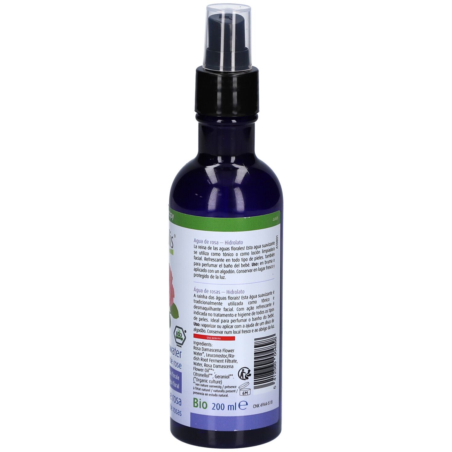 Blaue Flasche mit Zerstäuber. Aufschrift: Physalis, Rosenwasser, Eau de rose. Mit Bio-Siegel und Rosen-Illustration.