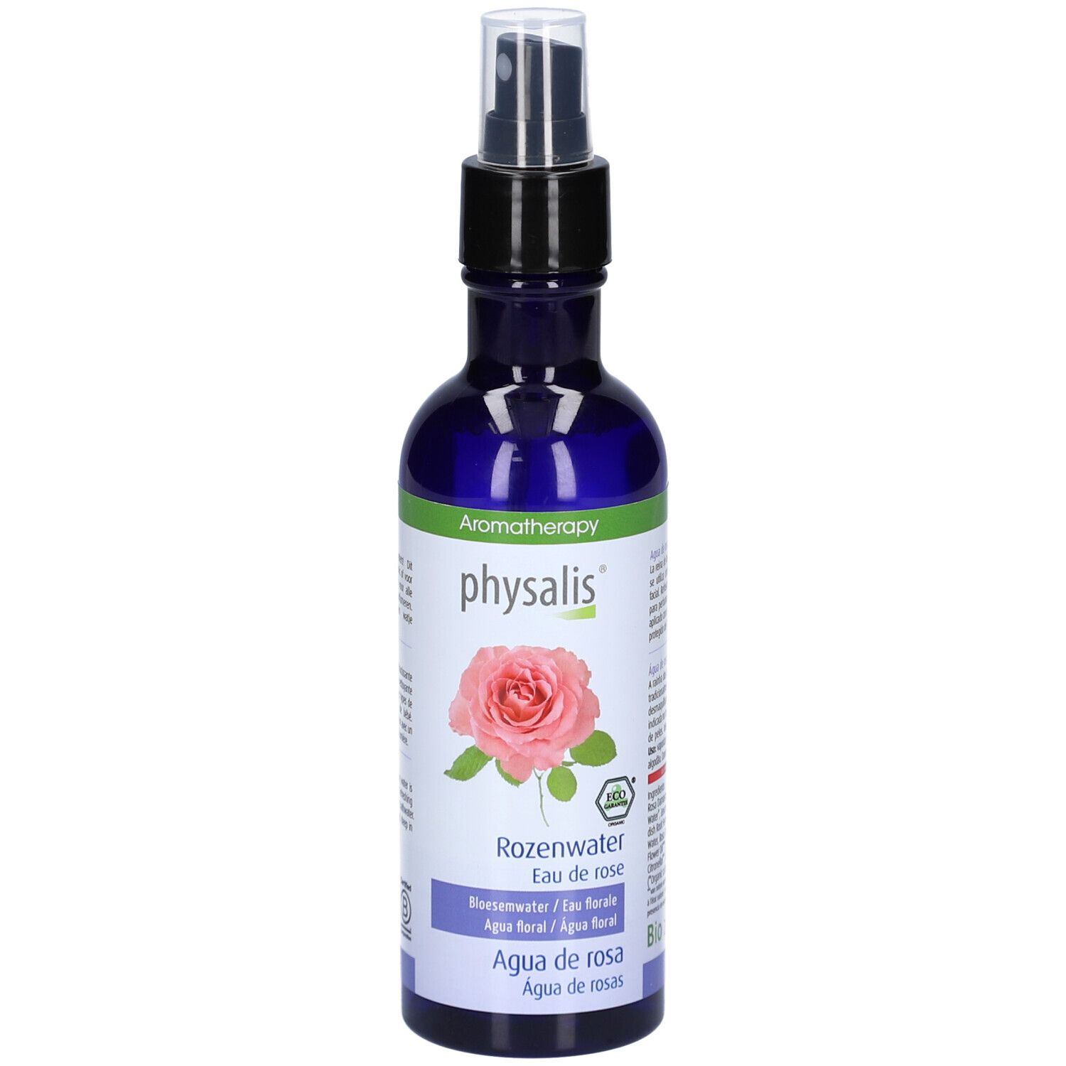 Blauwe Flasche mit Zerstäuber. Aufschrift: Physalis, Rosenwasser, Eau de rose. Mit Bio-Siegel und Rosen-Illustration.
